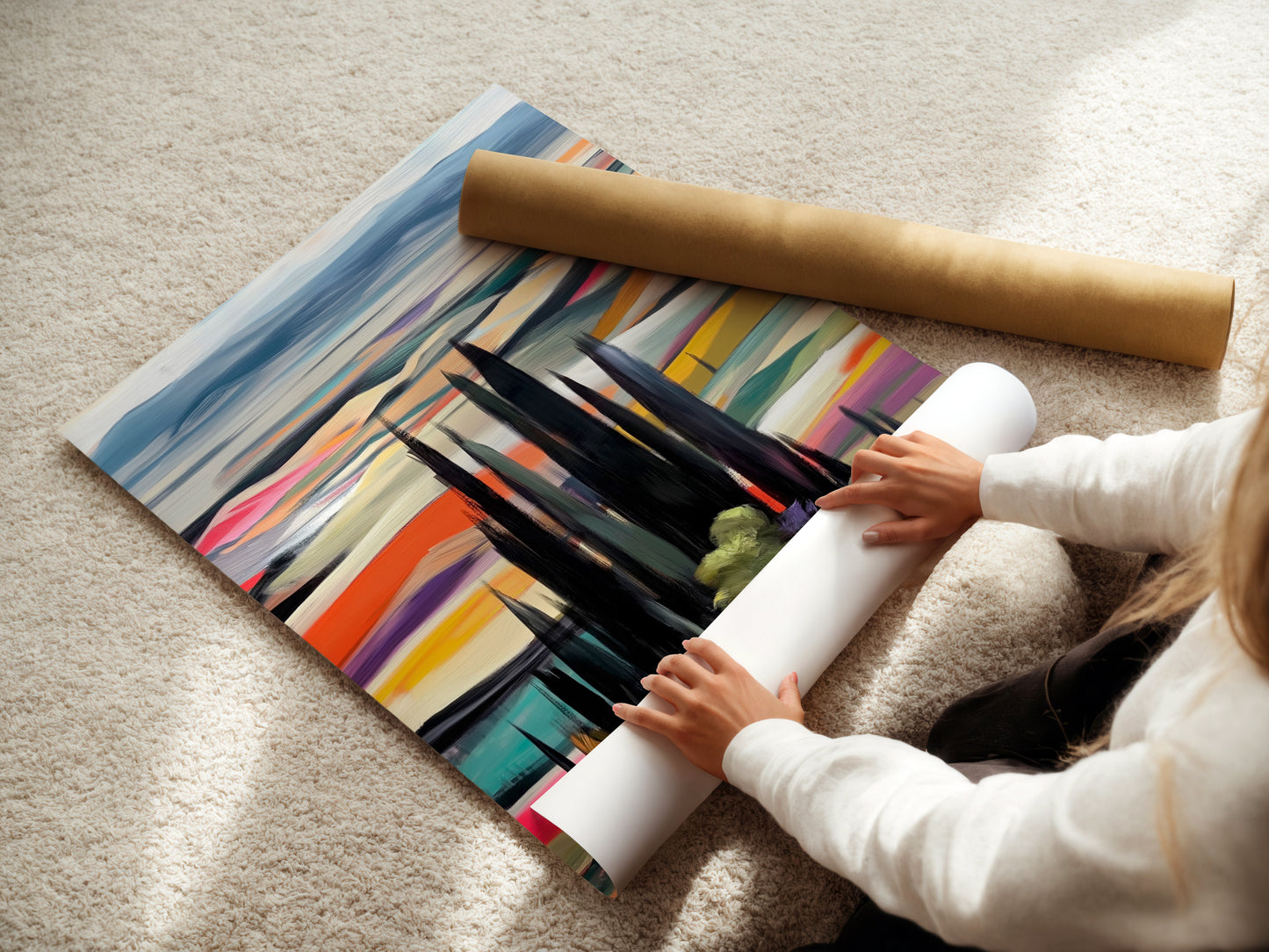 A woman is carefully rolling a fine art poster paper. This paper showcases the Tuscan Landscape artwork with cypress trees. The fine art poster paper ensures high-quality reproduction. Perfect for those who appreciate detailed and vibrant landscape artwork. Discover the beauty of Italian scenery.