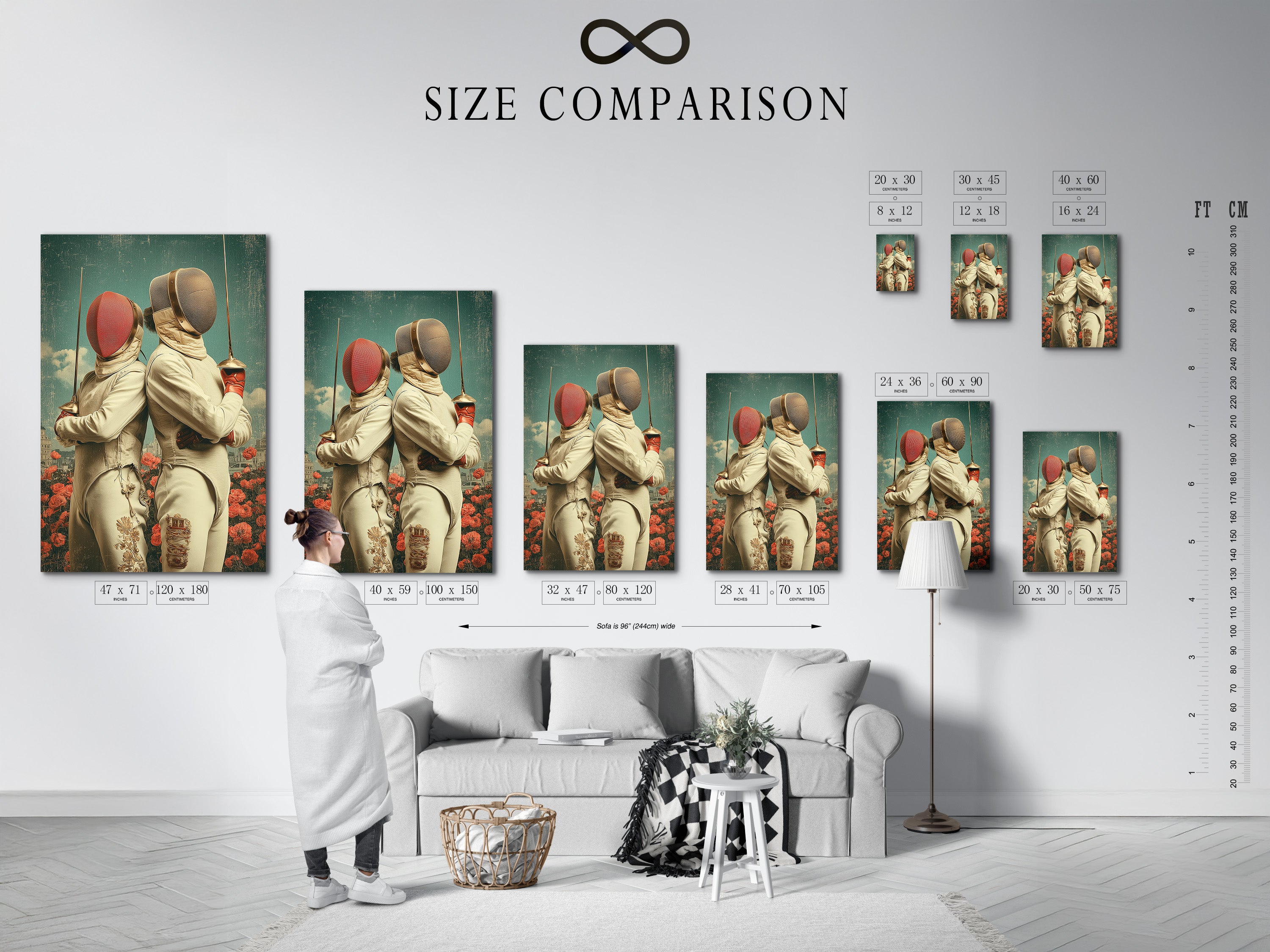 A size comparison chart is displayed in an interior setting. The chart helps visualize the vintage fencing artwork. You can choose the perfect size for your space. Ideal for a sports room or home gym decor.