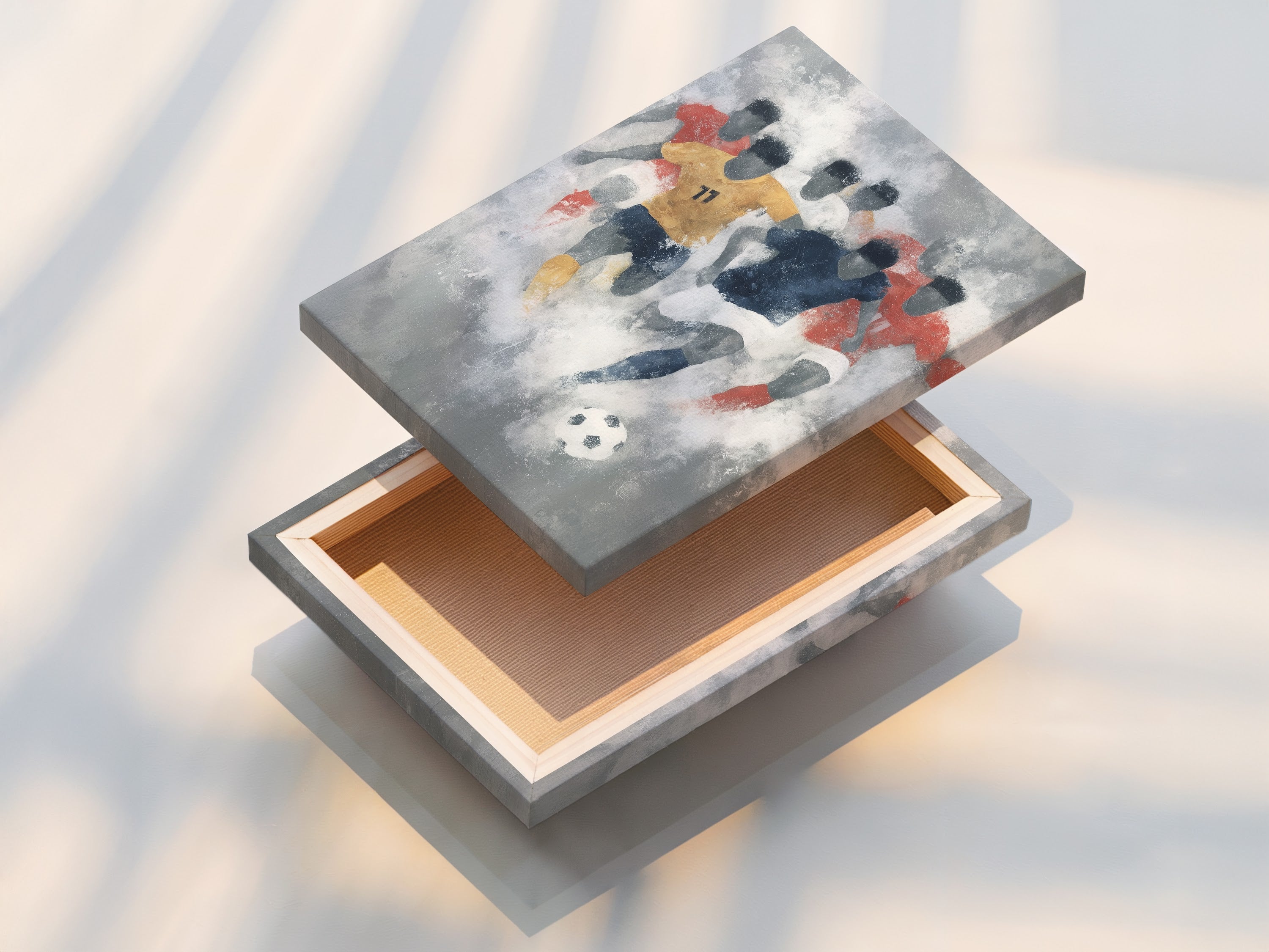 Detailed view of a stretched canvas print. The soccer abstract art is ready to hang. The stretched canvas enhances the texture and vibrancy of the sports wall decor. Perfect for creating an impactful display in any room. A great addition to any sports-themed collection.