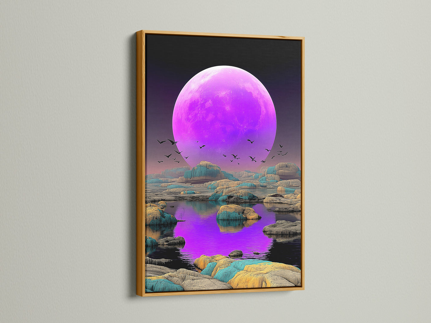 The framed celestial moon art features a gold frame. This purple fantasy landscape adds a modern touch. The lunar canvas is perfect for bedroom decor. It transforms any space into a dreamy retreat with cosmic wall art.