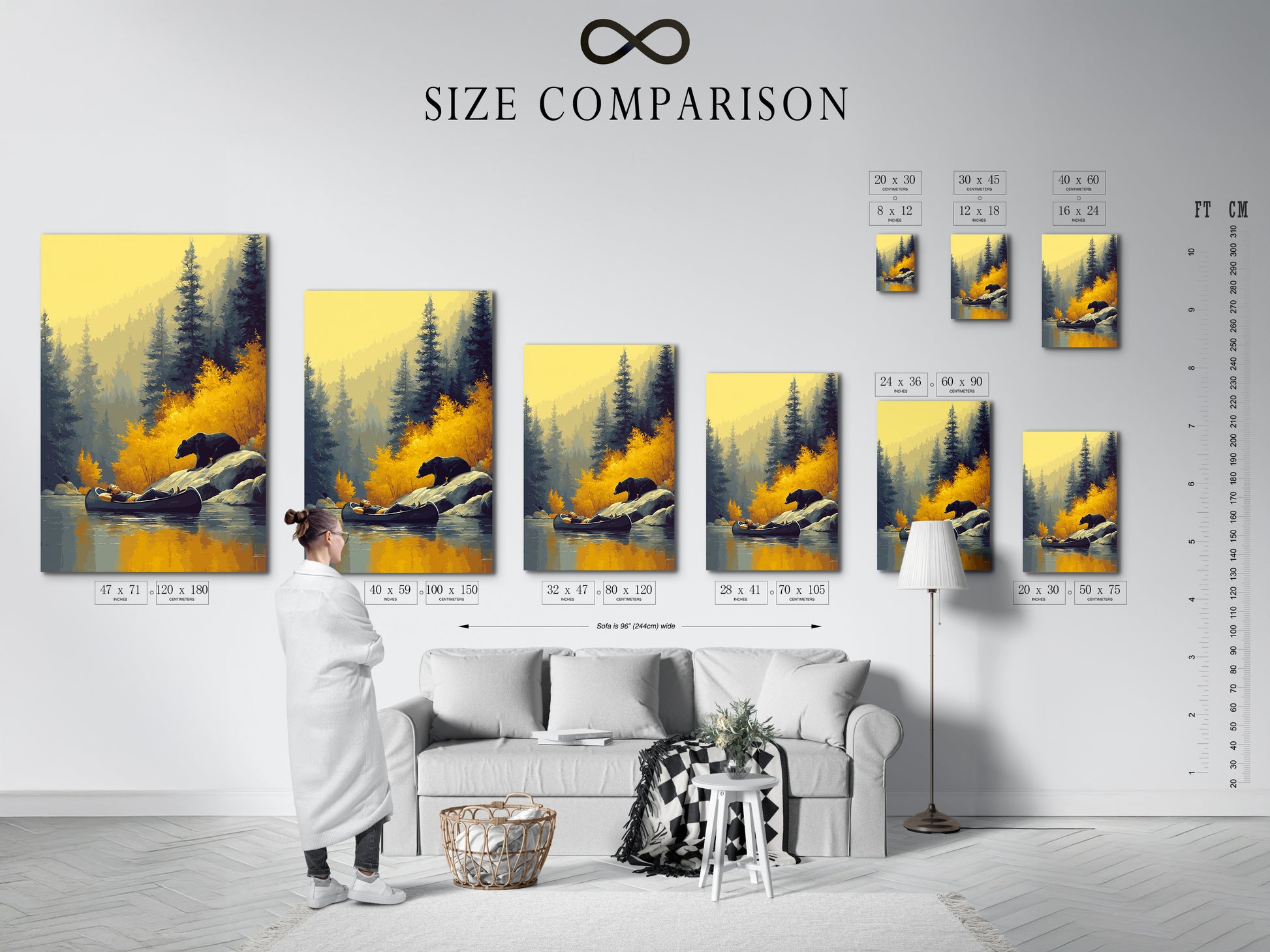 A size comparison chart is displayed in an interior setting. It demonstrates the various sizes available for the bear and canoe artwork. Choose the perfect dimensions to complement your cabin or home decor effortlessly.