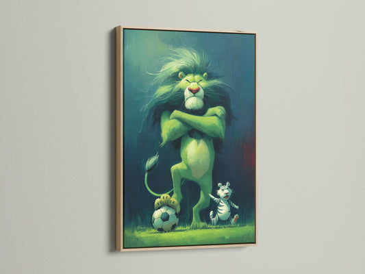 This oak frame enhances the Lion King Simba artwork. It is perfect for a nursery or kids room. The warm tones of the oak complement the vibrant green in the Lion King artwork. It creates a cozy atmosphere.