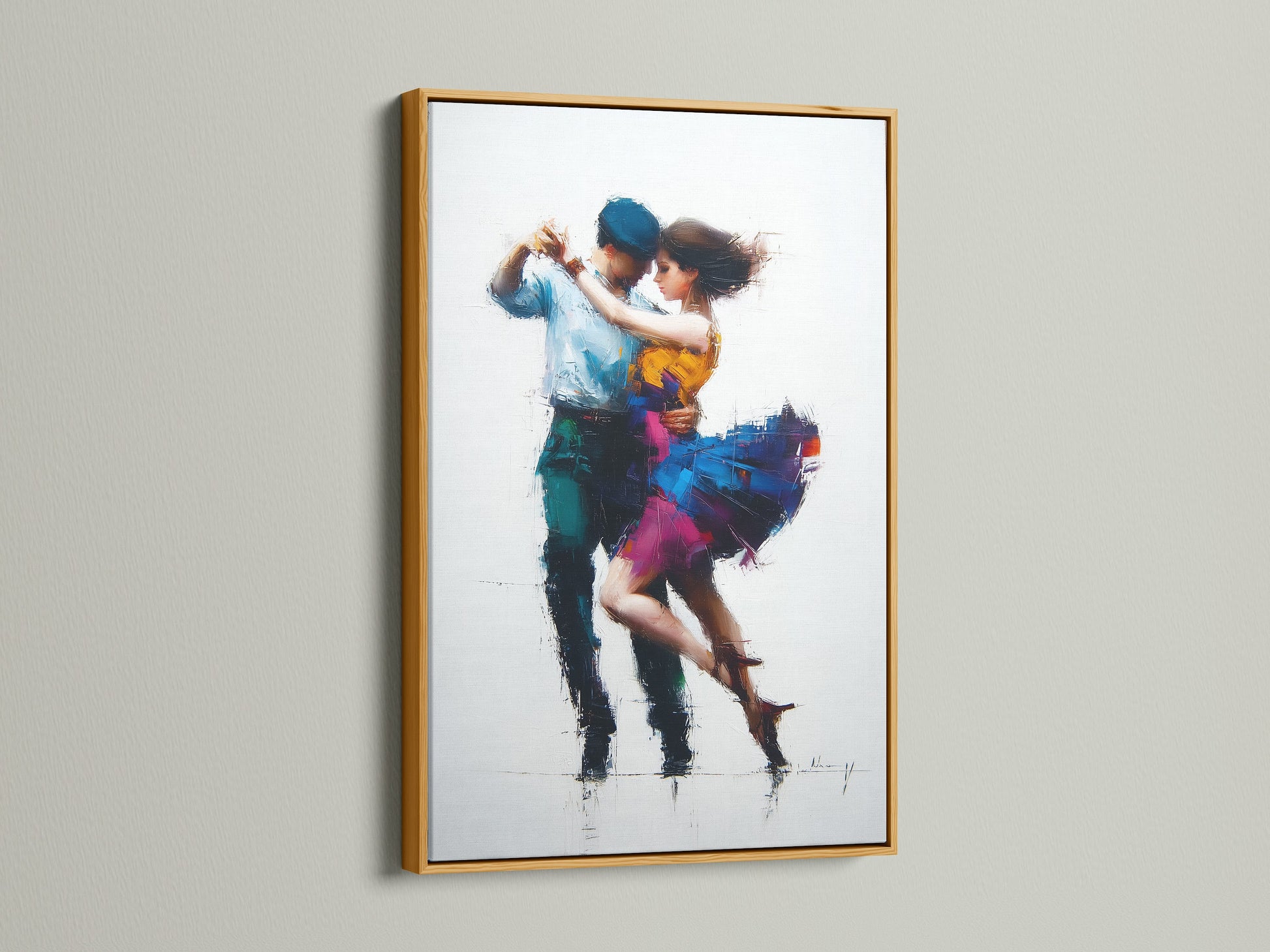 Artwork of a couple dancing is presented in a gold frame. The gold frame brings a touch of luxury. This artwork adds a glamorous accent to your home. It is perfect for creating a focal point. The art is sure to impress.