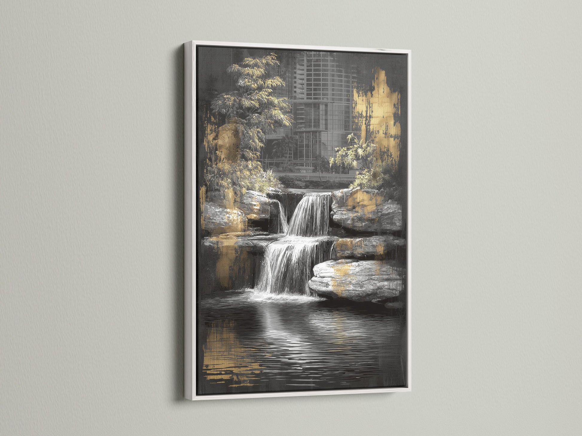 Waterfall art is displayed in a white frame. This zen garden print brings nature indoors. This tranquil artwork is perfect for creating a serene atmosphere. The urban oasis decor complements minimalist styles. Black and gold accents add elegance to this fine art.