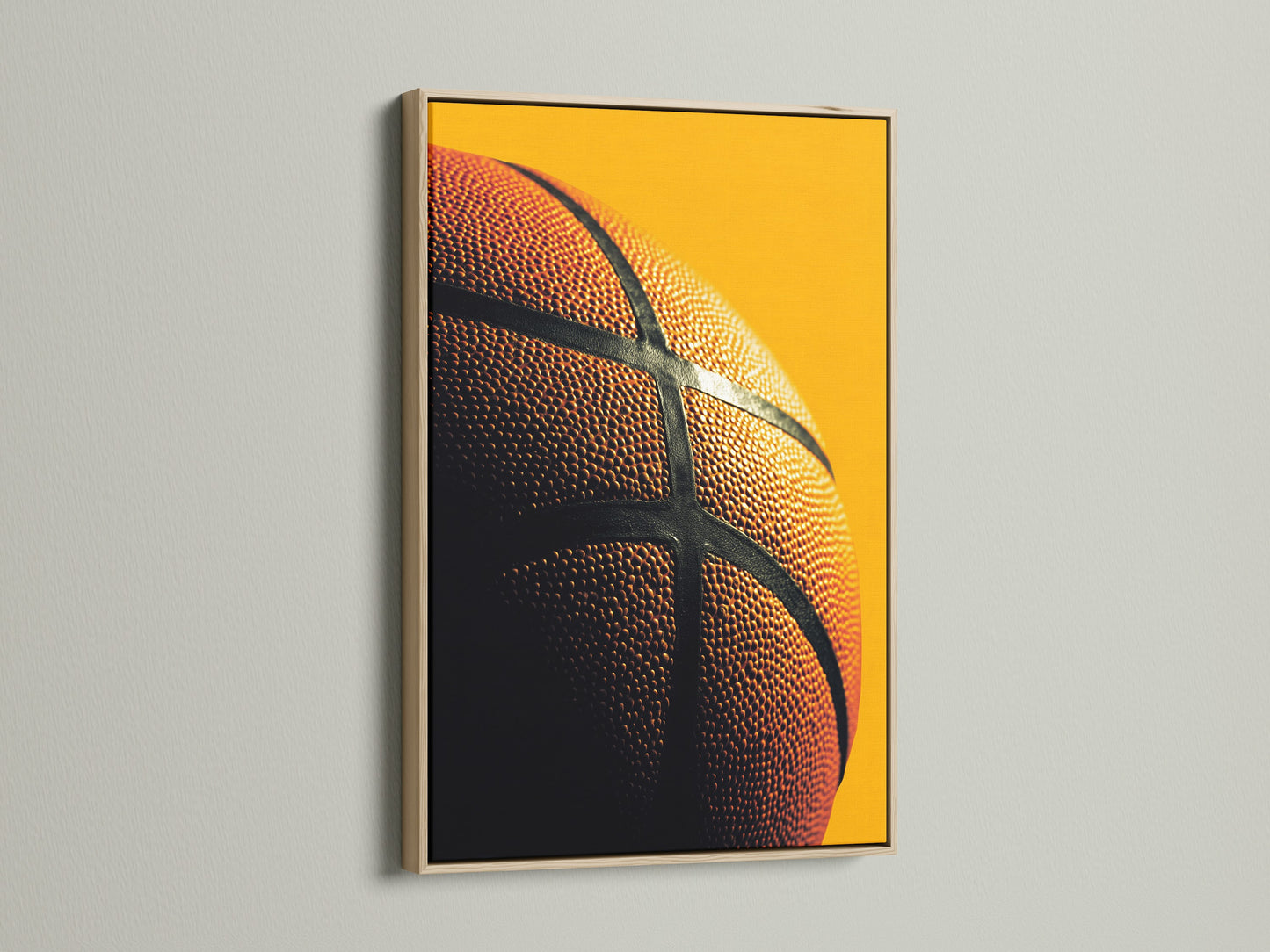 Basketball artwork with an oak frame. This frame offers a natural warm aesthetic. Elevate your artwork with a touch of rustic charm. Perfect for adding character to any room. Shop now!
