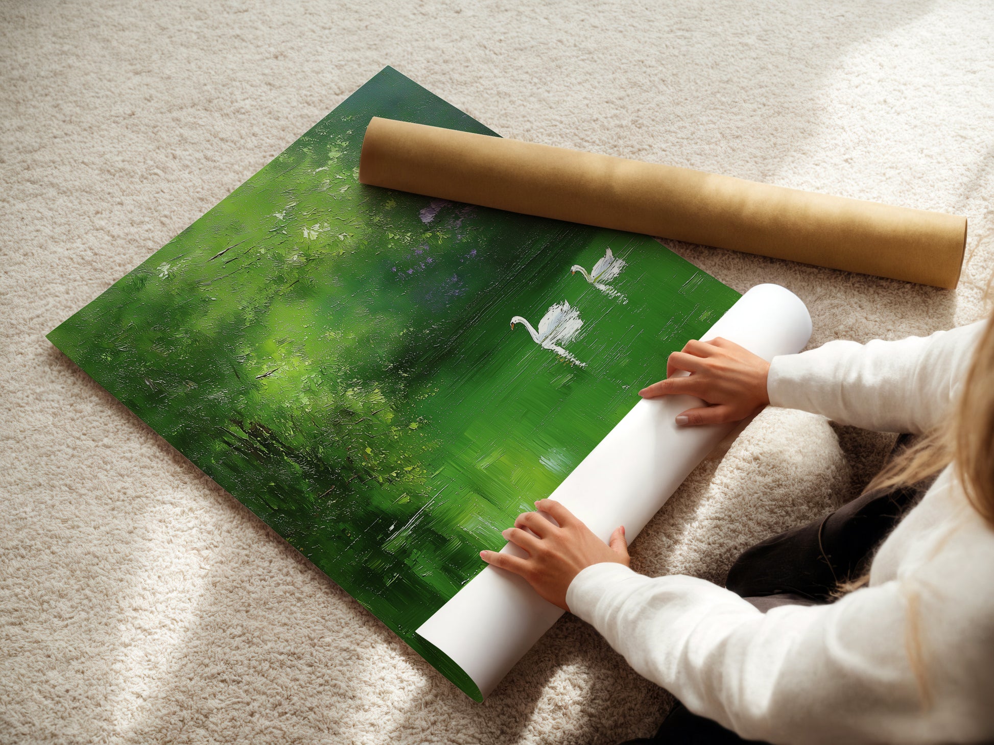 A woman carefully rolls a fine art poster paper. High-quality fine art paper ensures vibrant and lasting prints. Preserve your art with our premium poster paper. Perfect for detailed artwork. Explore our fine art paper options for your printing needs.