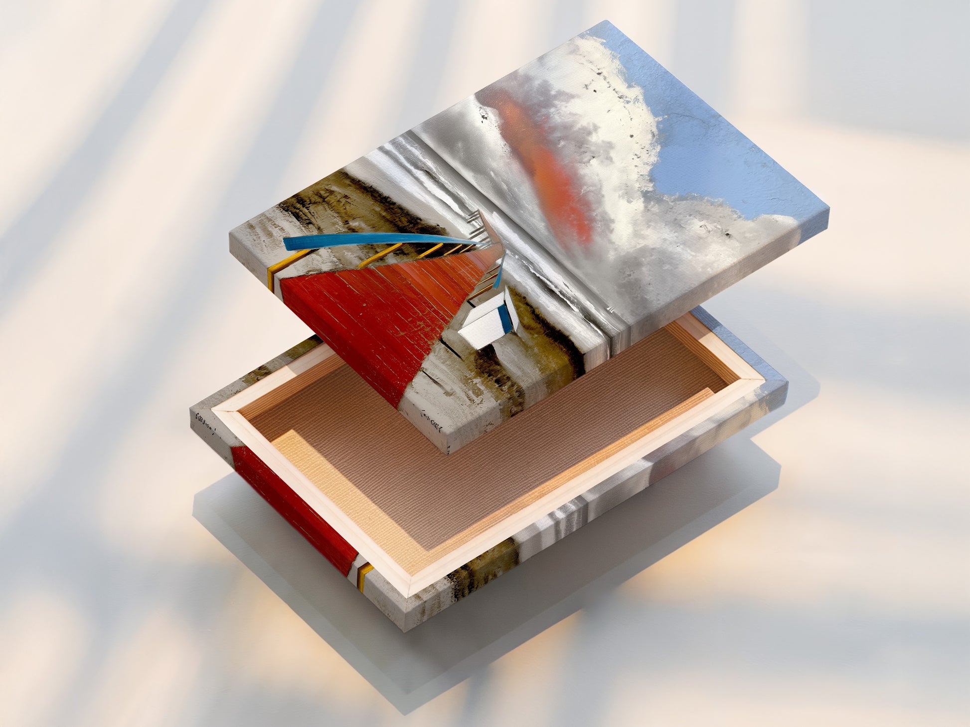 Stretched canvas print featuring a beach boardwalk. The coastal artwork captures a serene seascape. The red walkway and ocean view create a calming atmosphere. Perfect for enhancing your beach house decor with this nautical wall art for your living room.