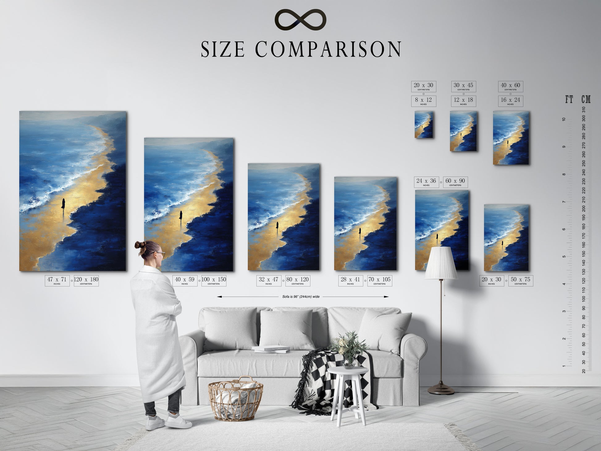Size comparison chart displayed in an interior setting. The chart shows various sizes of the Beach Walk artwork. This coastal wall art fits any space. The artwork features calming ocean waves. Choose the perfect size for your bedroom decor.
