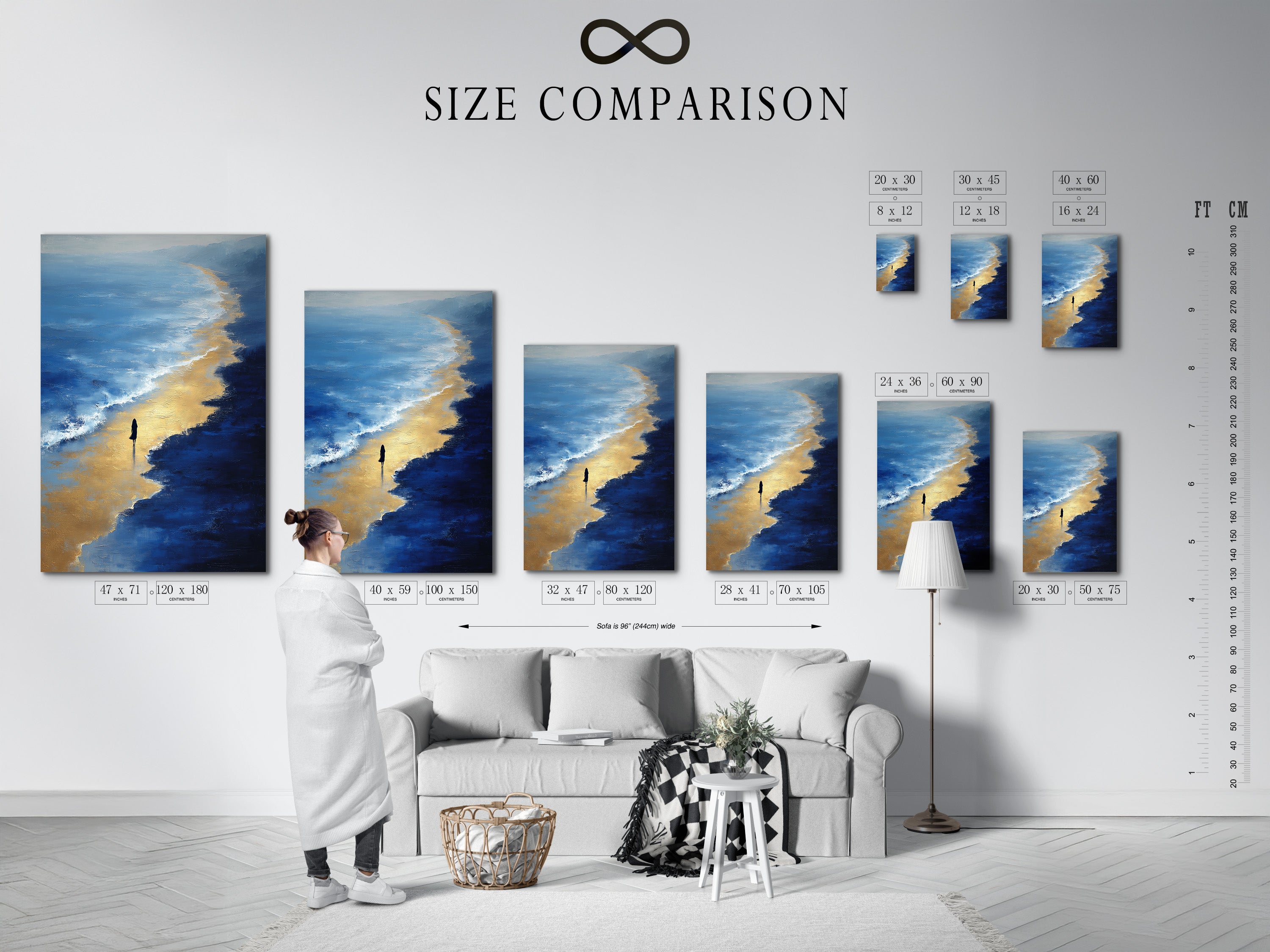 Size comparison chart displayed in an interior setting. The chart shows various sizes of the Beach Walk artwork. This coastal wall art fits any space. The artwork features calming ocean waves. Choose the perfect size for your bedroom decor.
