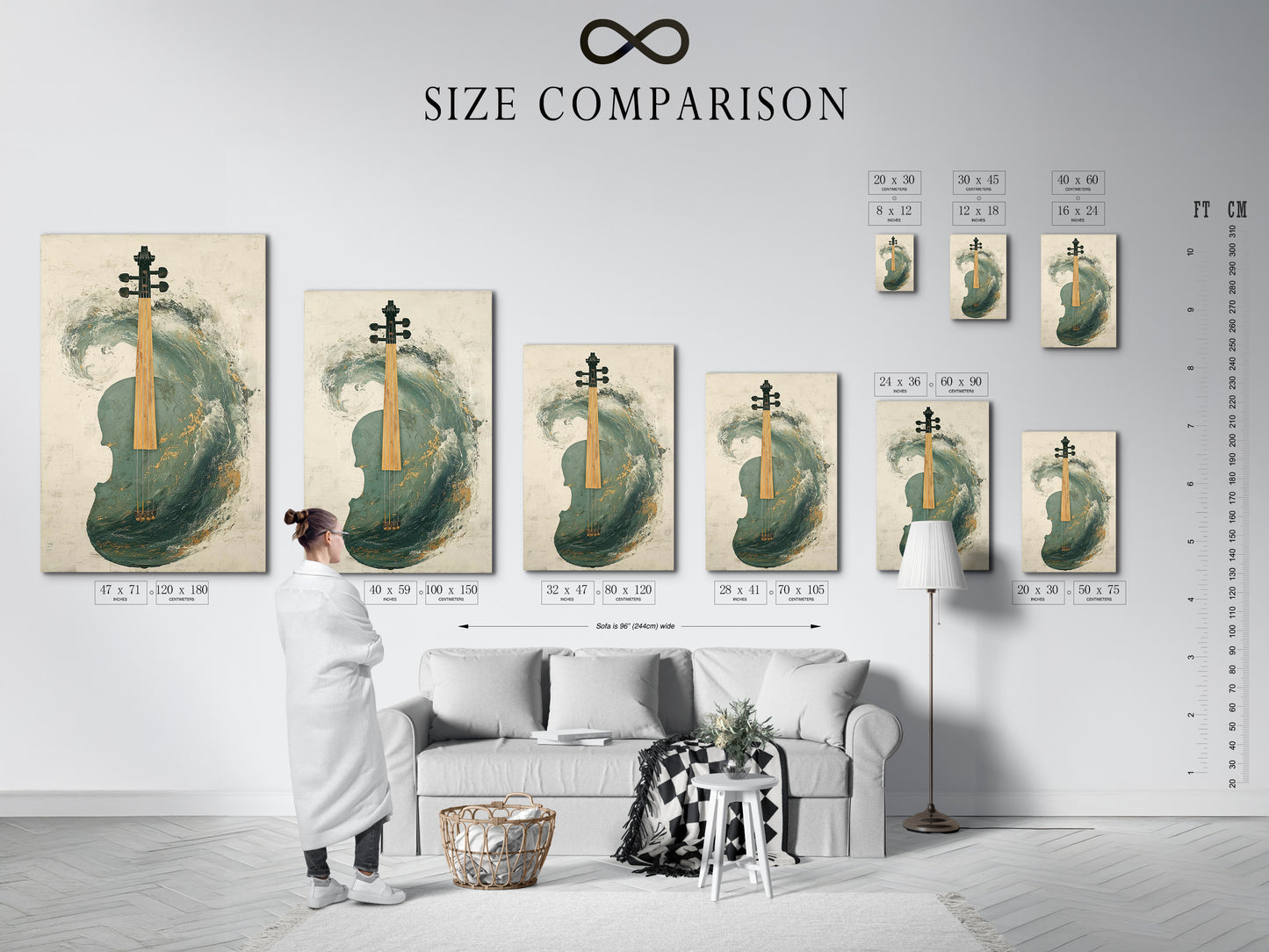 A size comparison chart in an interior setting showcases the Abstract Violin Artwork. See how this teal and gold musical print fits perfectly in various room sizes. Visualize the impact of this modern canvas in your home or studio. Choose the ideal size to complement your space.