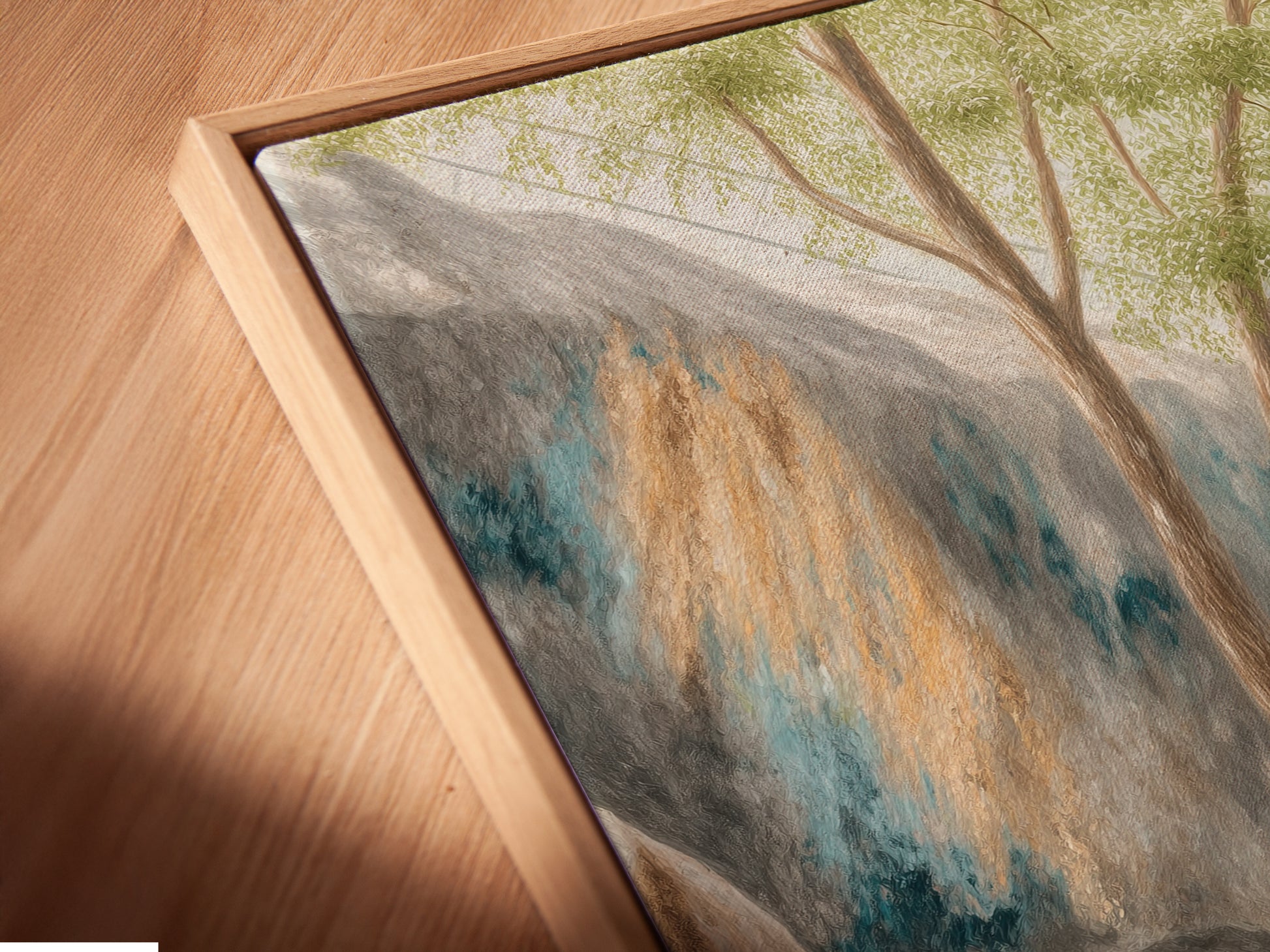 A close up angled view reveals the canvas print in a floating frame. This shows the depth and texture of the Architectural Atrium artwork. The floating frame gives a contemporary gallery feel. The botanical garden wall art appears to hover. The modern print enhances office decor.