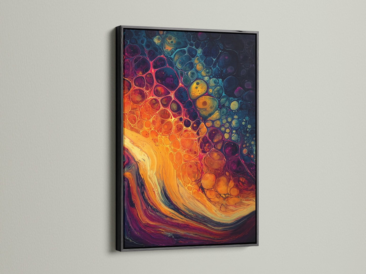 Abstract painting with bold colors presented in a black frame. The black frame adds a dramatic touch. This classic choice complements the artwork. Explore the impact of a black frame on your art. It's a sophisticated and timeless option.