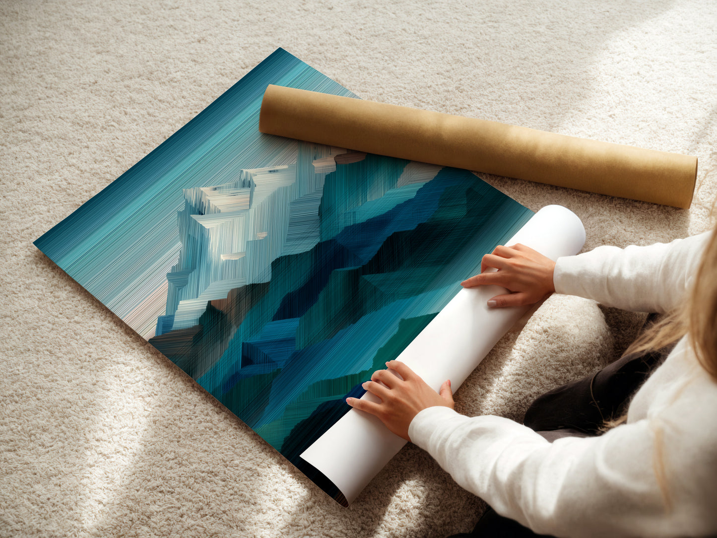 A woman rolls a fine art poster paper. High quality paper ensures vibrant artwork. Perfect for posters and art prints. Explore fine art paper for your creative projects. View printing options now