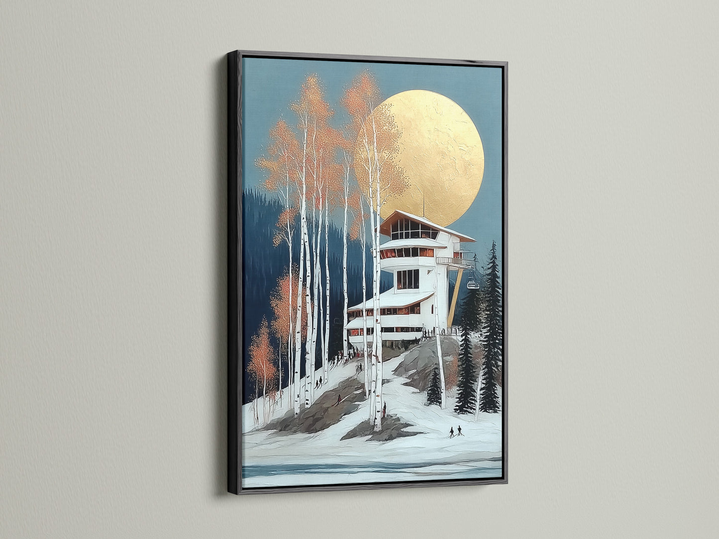 Winter Ski Lodge art print in a black frame. The contrast of the frame makes the colors pop. This piece offers a modern alpine touch. Perfect for creating a cozy cabin atmosphere. The artwork features a stunning snowy mountain. Ideal for wall art in any space.