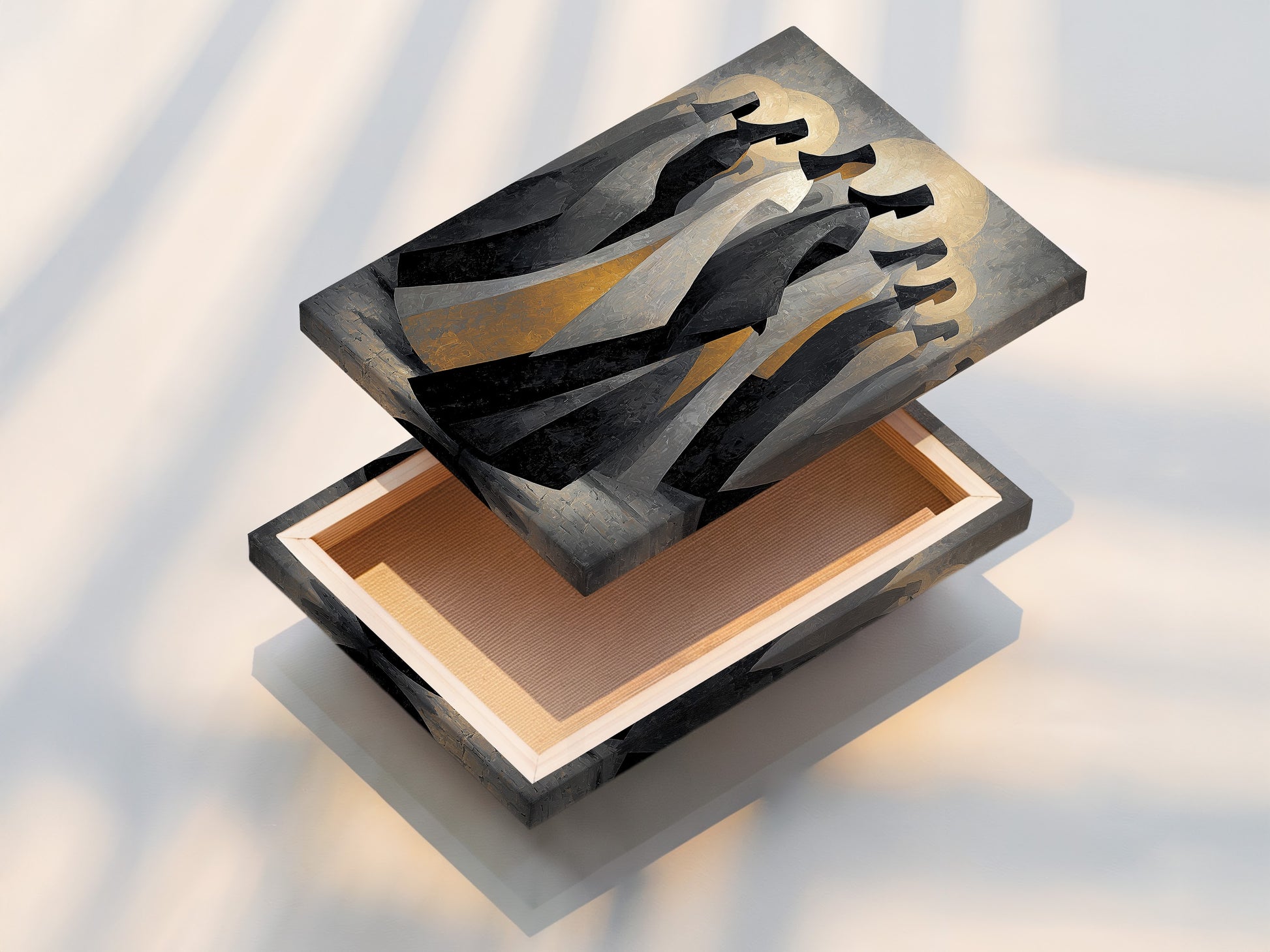 A stretched canvas print featuring the abstract hooded figures. The canvas showcases the modern minimalist art. It is ready to hang and enjoy. This print adds a contemporary touch to any space.