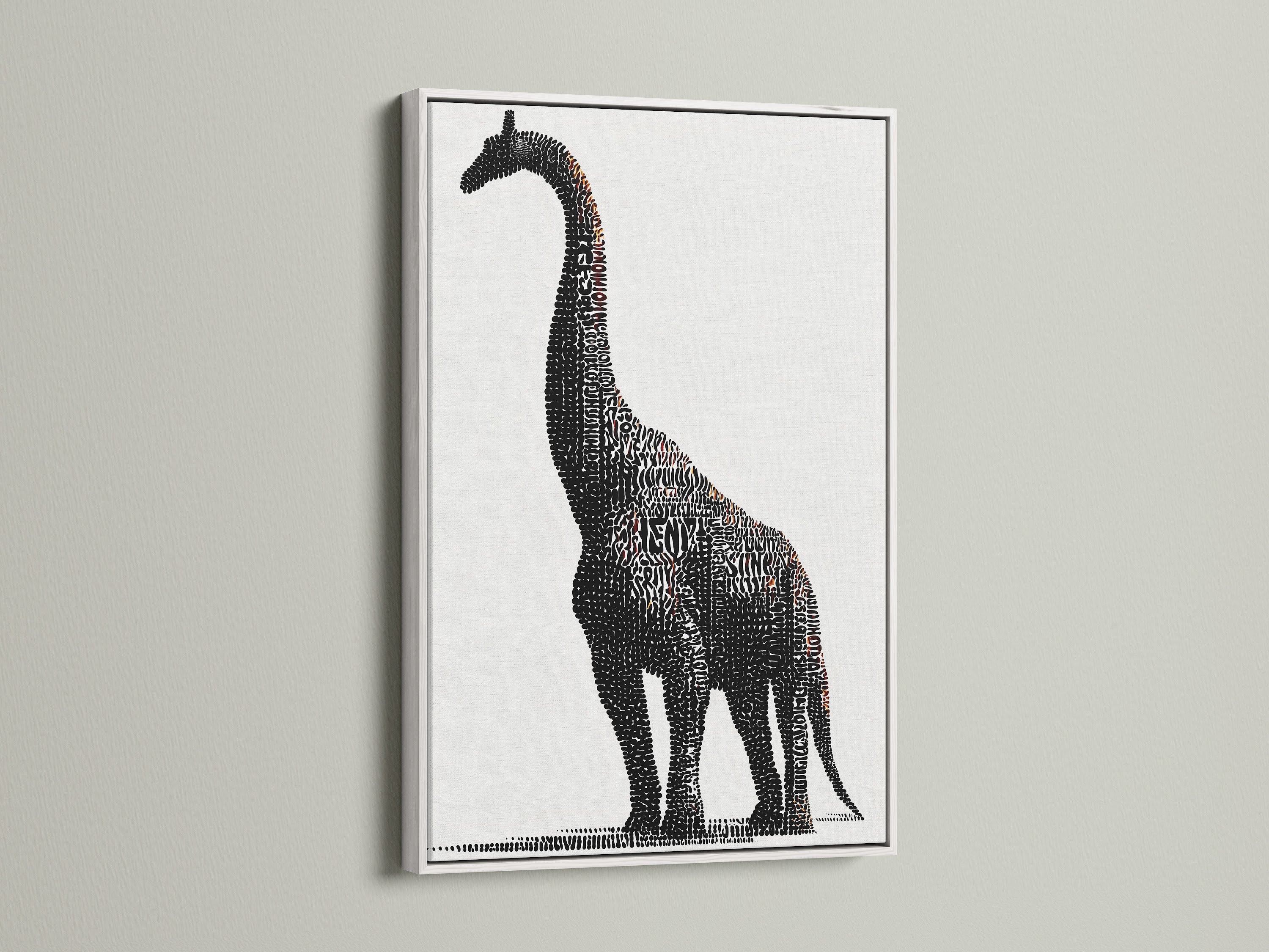 Dinosaur typography artwork is showcased in a white frame. The Brontosaurus word art canvas print adds a modern touch to any kids room. Ideal wall decor for a nursery or playroom. The black and white artwork pops against the white frame creating a clean look.