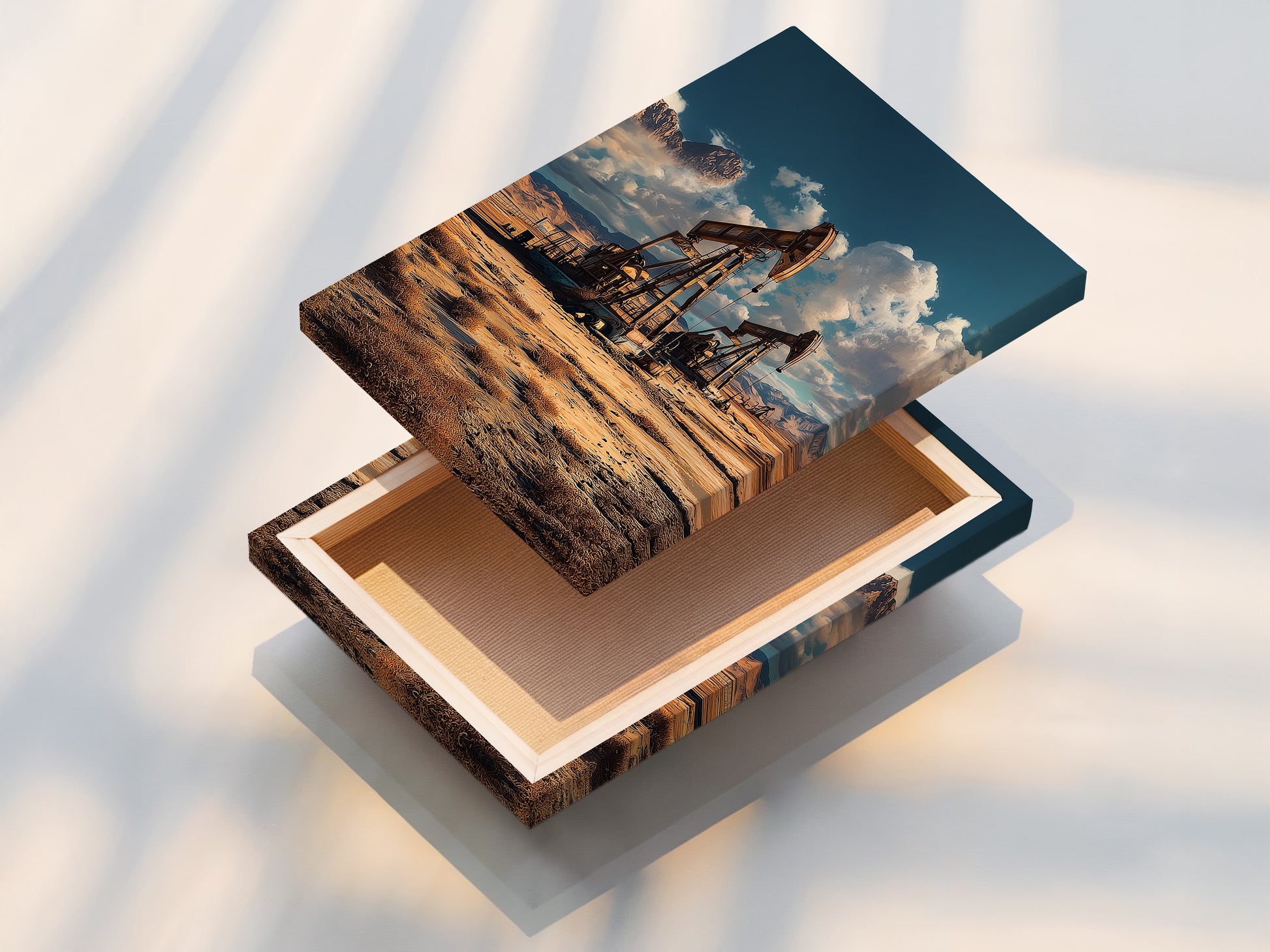 Stretched canvas print featuring an oil field. This desert landscape artwork brings industrial charm. The earth tone decor fits minimalist and rustic styles. Enhance your living room bedroom or office with this print. View the details of our stretched canvas!