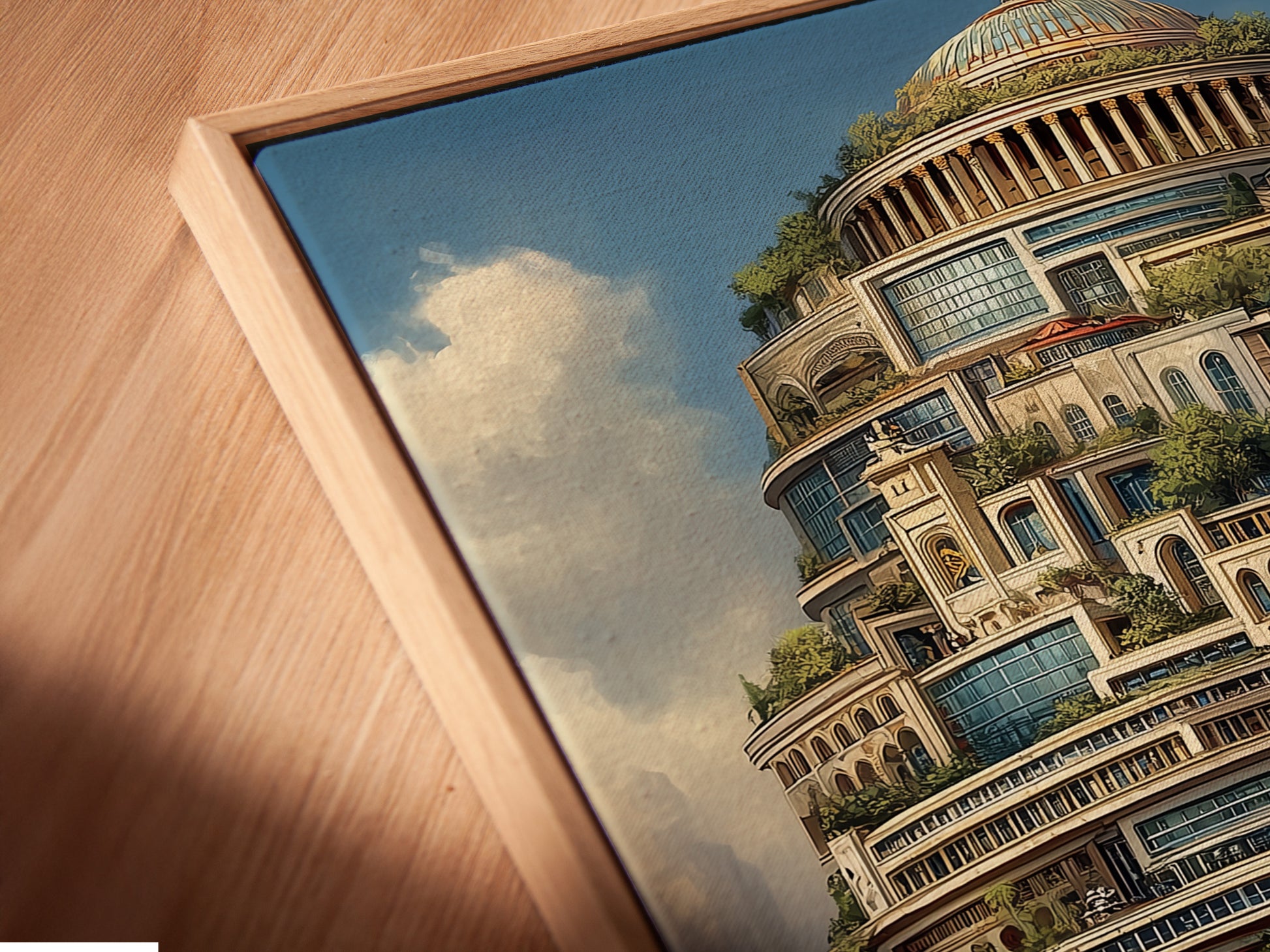 A close-up angled view of a canvas print in a floating frame. The fantasy architecture is beautifully showcased. This surreal tower artwork is ideal for modern decor. Perfect for adding sophistication to any space. The primary color is brown. The secondary color is green.