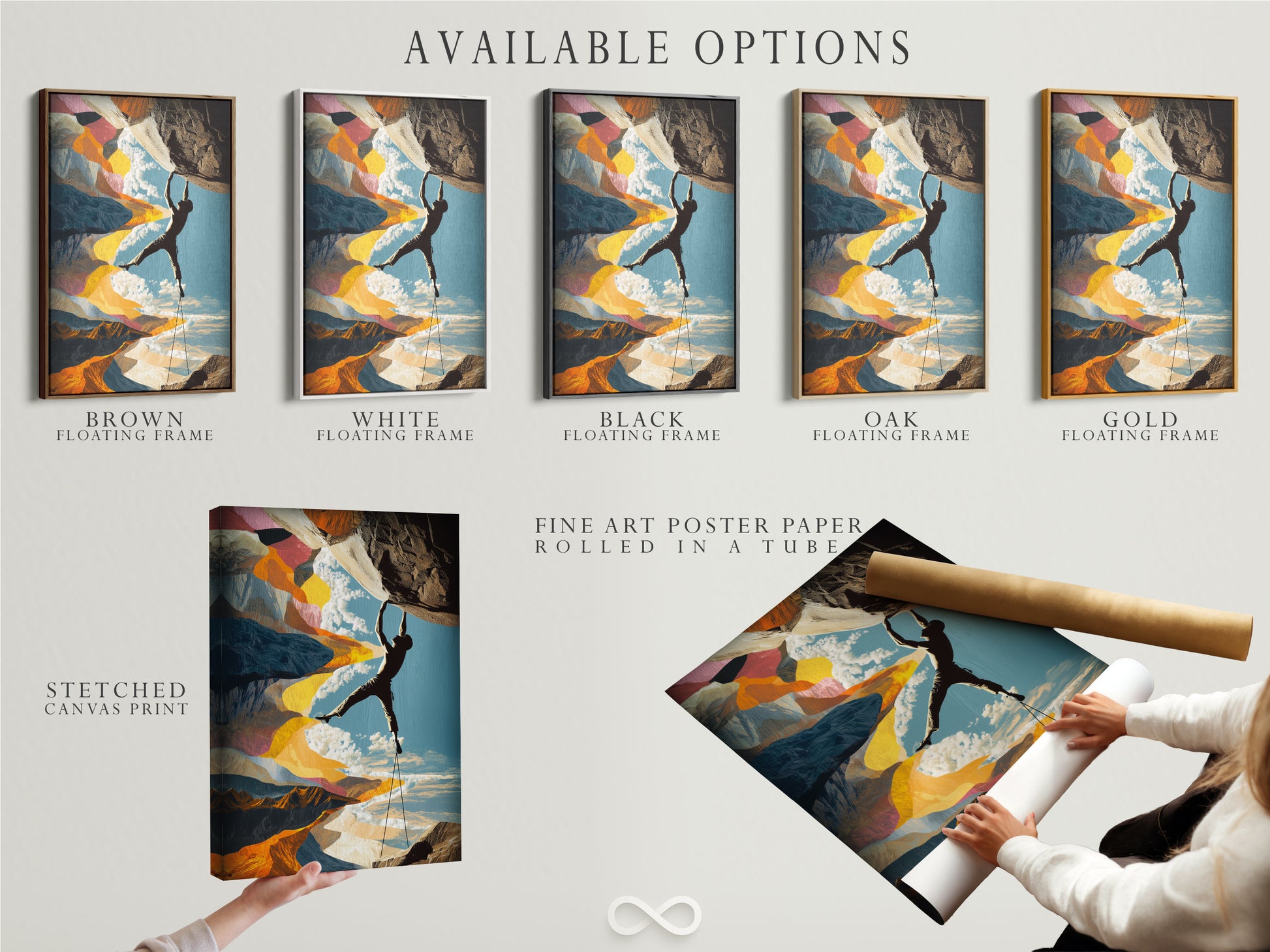 Available options for our rock climbing artwork. Choose from a stretched canvas print or fine art poster paper. It can also be put in a floating frame. This adventure canvas wall art is perfect for any room. It is a great gift for climbers