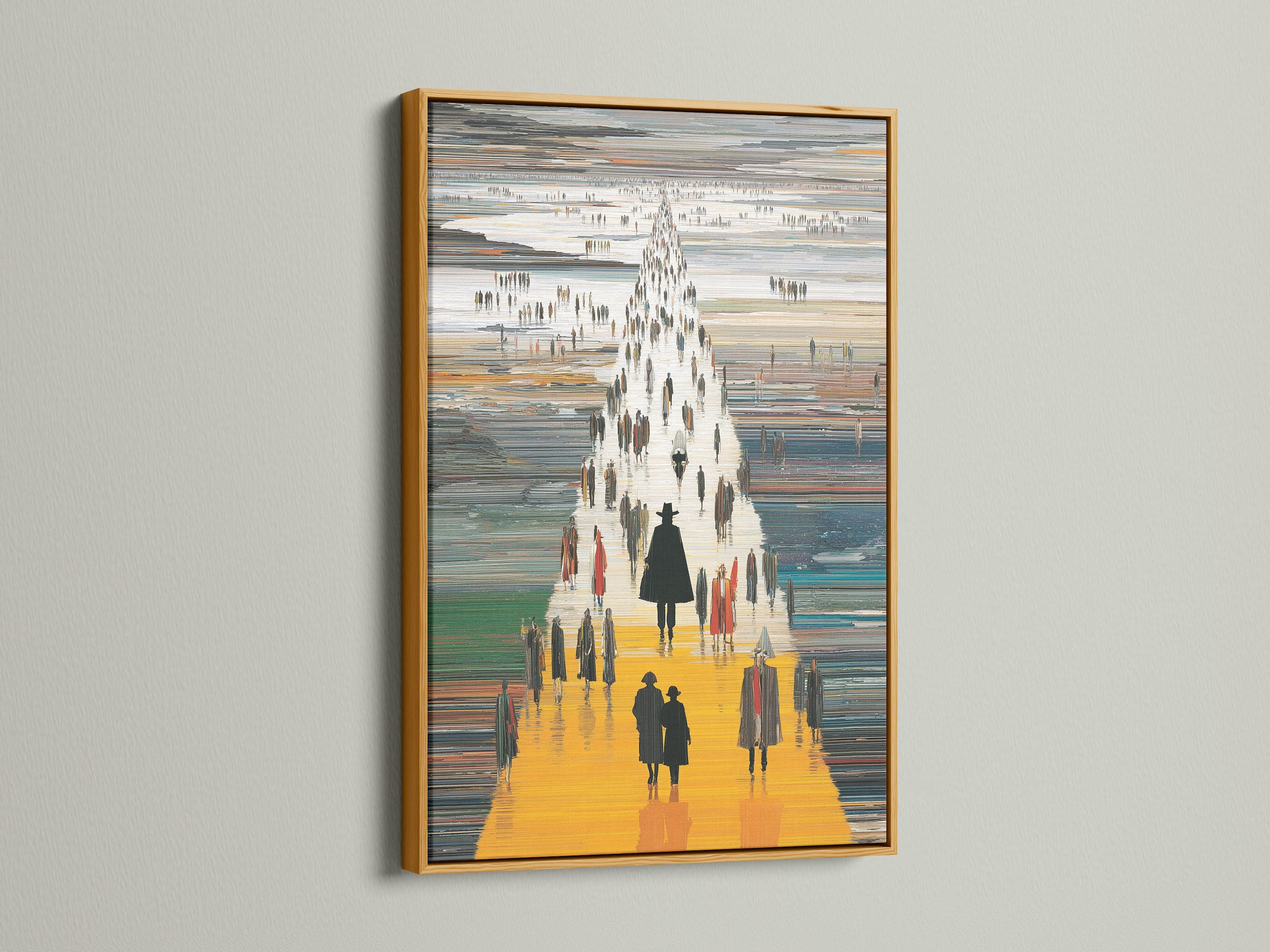 The abstract figures art shines in a gold frame. This modern canvas print adds a touch of elegance. Ideal for studios lobbies and conference rooms. The yellow orange art brings warmth to any space. A perfect contemporary print.