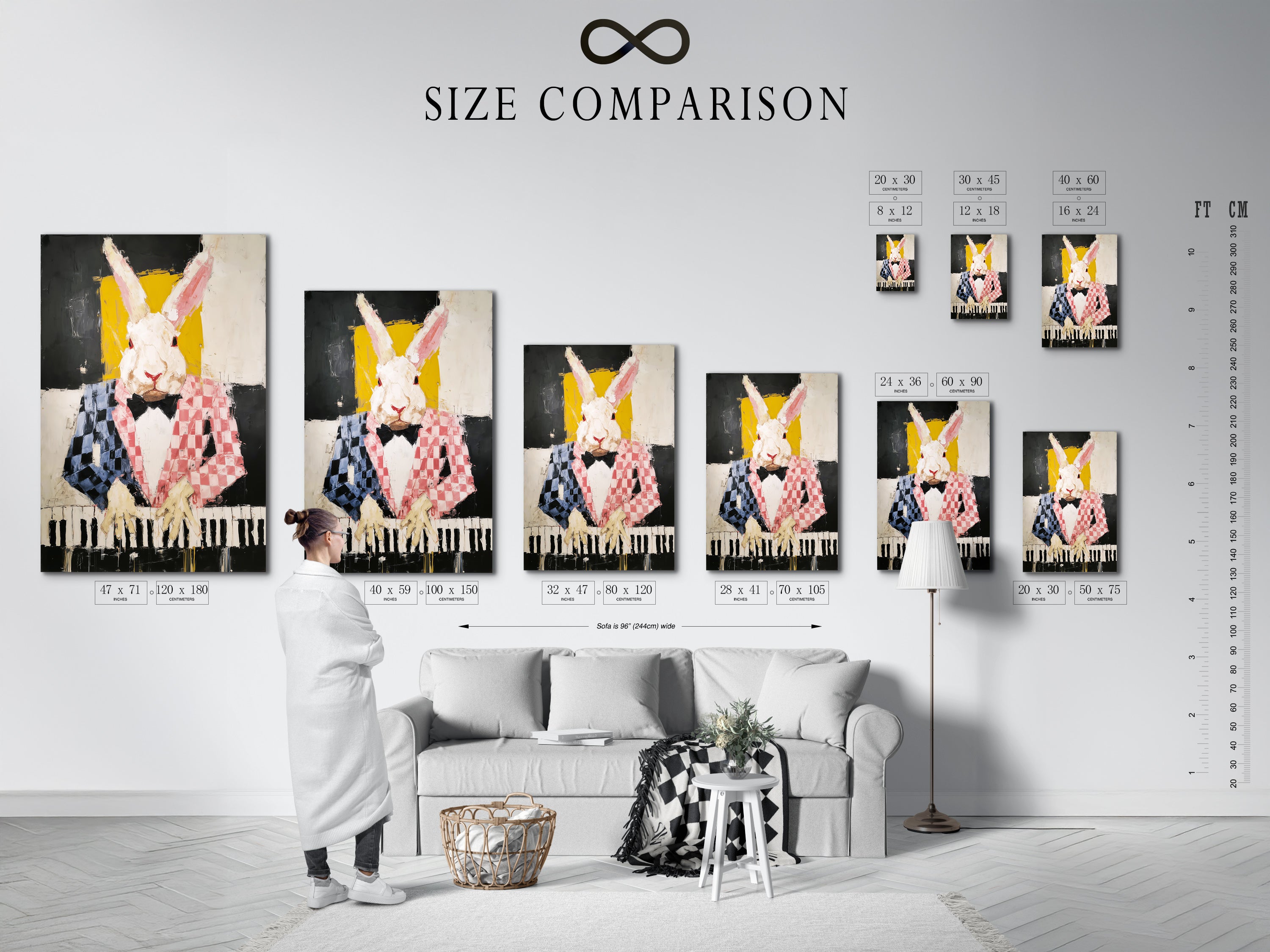 A size comparison chart is displayed in an interior setting featuring the rabbit pianist artwork. This whimsical animal art is available in various sizes. The chart helps you visualize the perfect fit for your space. Ideal for adding abstract music wall art to your home. The colorful bunny artwork brings a playful touch.