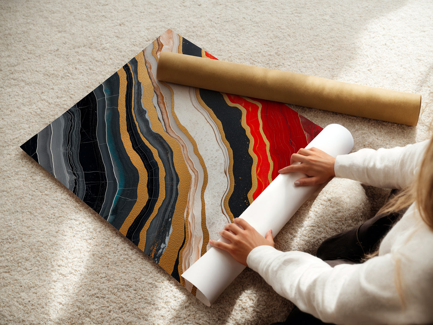 A woman is carefully rolling a fine art poster paper. The poster paper is of high quality. It ensures vibrant colors and sharp details. This delicate process preserves the artwork's integrity. Get ready to display your favorite artwork with this premium poster paper. It's perfect for any art enthusiast.