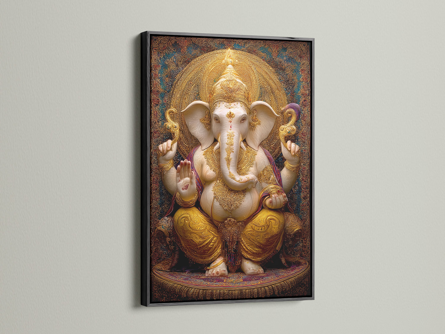 Black frame displaying artwork. The artwork is framed in a sleek black frame. The black frame contrasts with the wall. This makes the artwork pop. A bold and stylish choice for your home or office decor.
