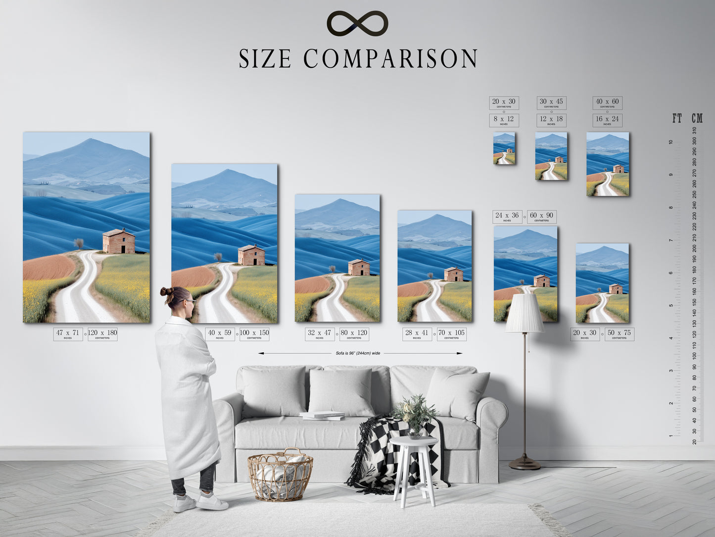 Size comparison chart featuring a Tuscan Landscape artwork in an interior setting. See how different sizes of this rolling hills art look in a room. Perfect for visualizing how this farmhouse scenery will fit in your home. Choose the ideal size for your landscape canvas. Enhance your home decor.