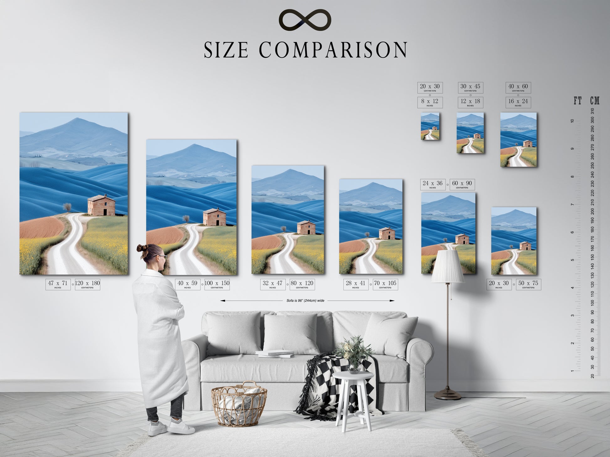 Size comparison chart featuring a Tuscan Landscape artwork in an interior setting. See how different sizes of this rolling hills art look in a room. Perfect for visualizing how this farmhouse scenery will fit in your home. Choose the ideal size for your landscape canvas. Enhance your home decor.