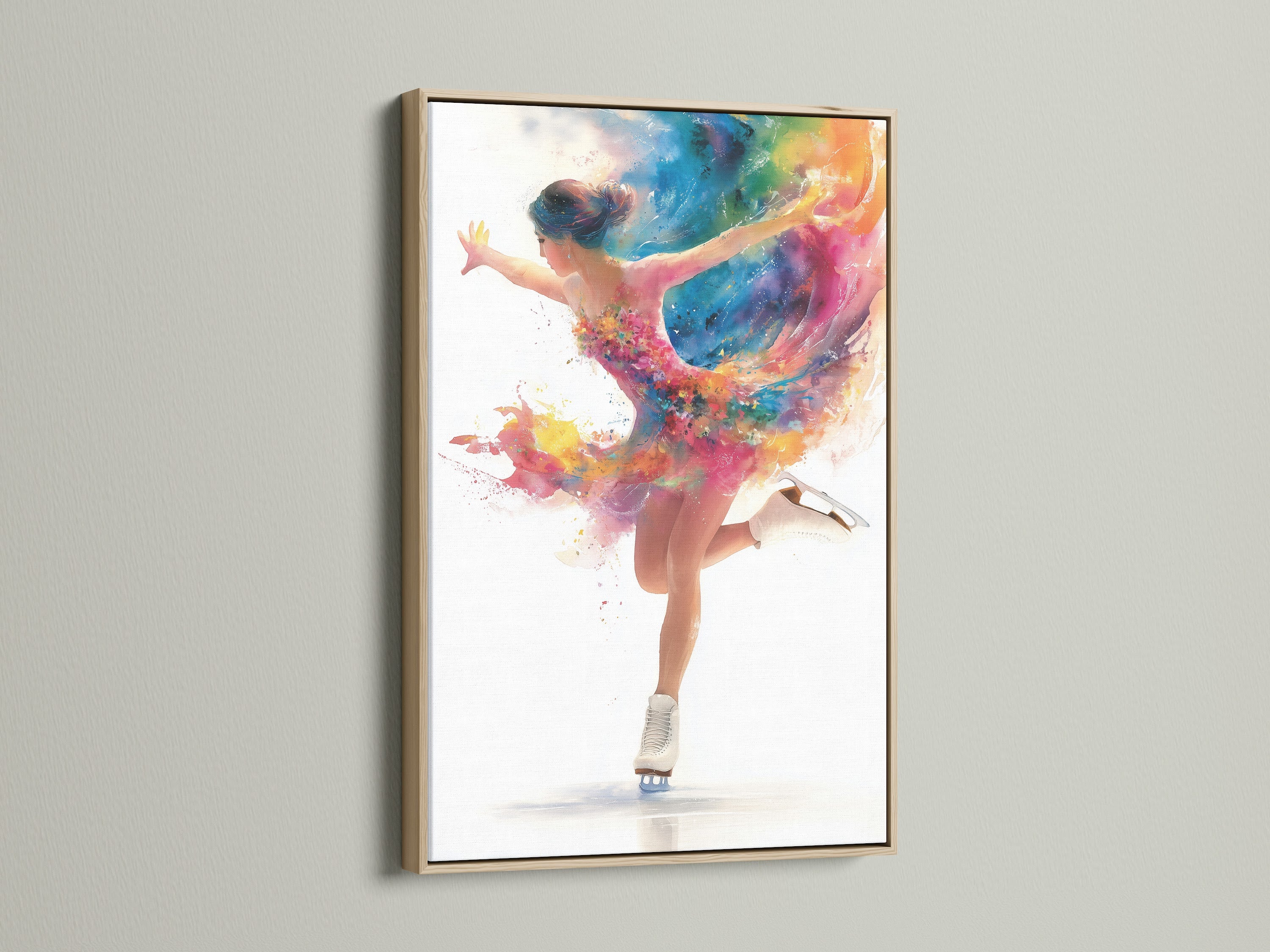 The image showcases dancing girl canvas art set within an oak frame. This dancer canvas print brings a touch of rainbow color to any room. Ideal for sports enthusiasts and ballet dancers alike. It's perfect as dynamic modern wall art.