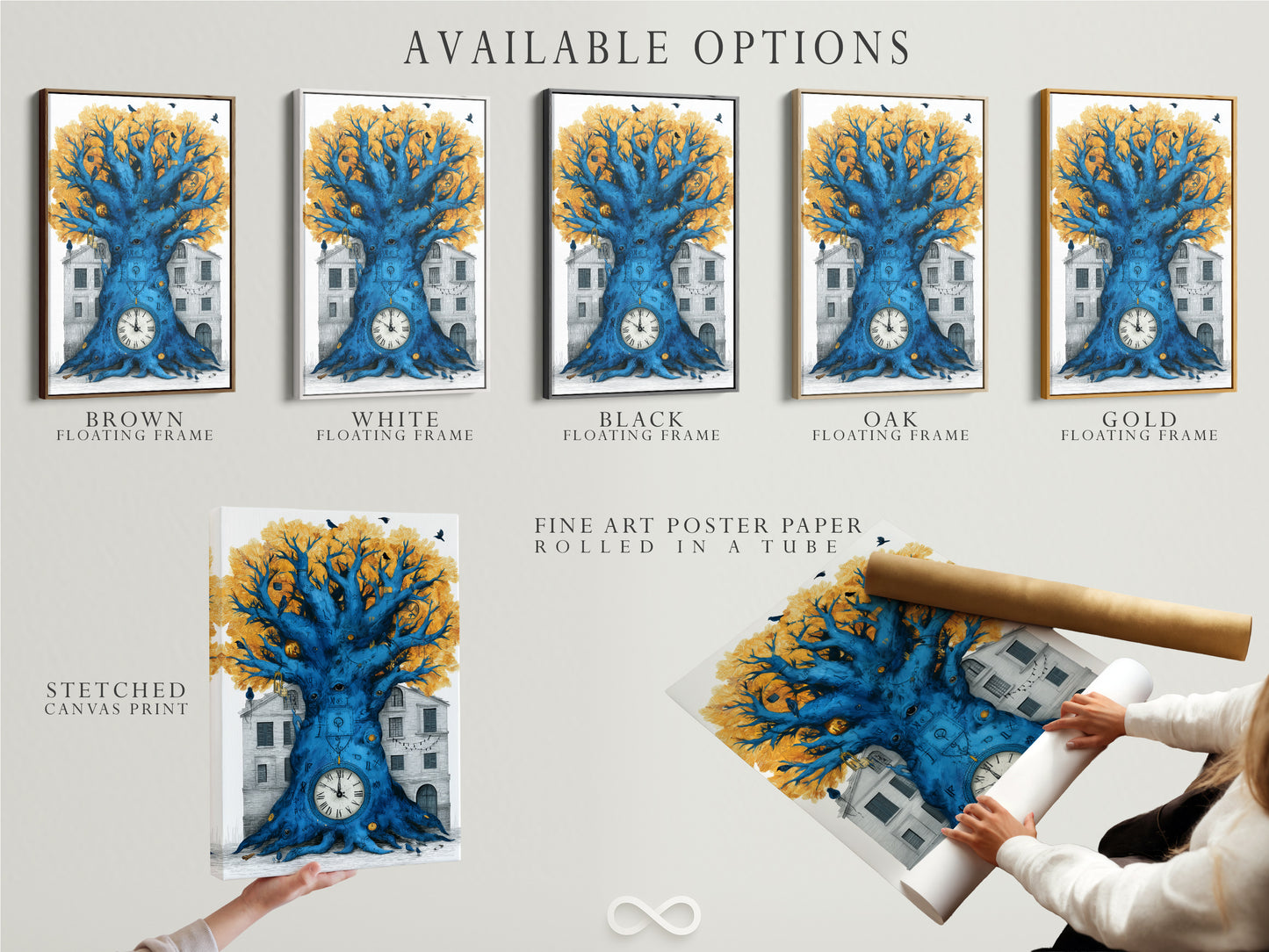 Available options for the Surreal Clock Tree artwork are showcased. Choose from a stretched canvas print fine art poster paper or a floating frame. This gothic tree art adds a touch of fantasy to any room. Perfect for readers writers and creative professionals.