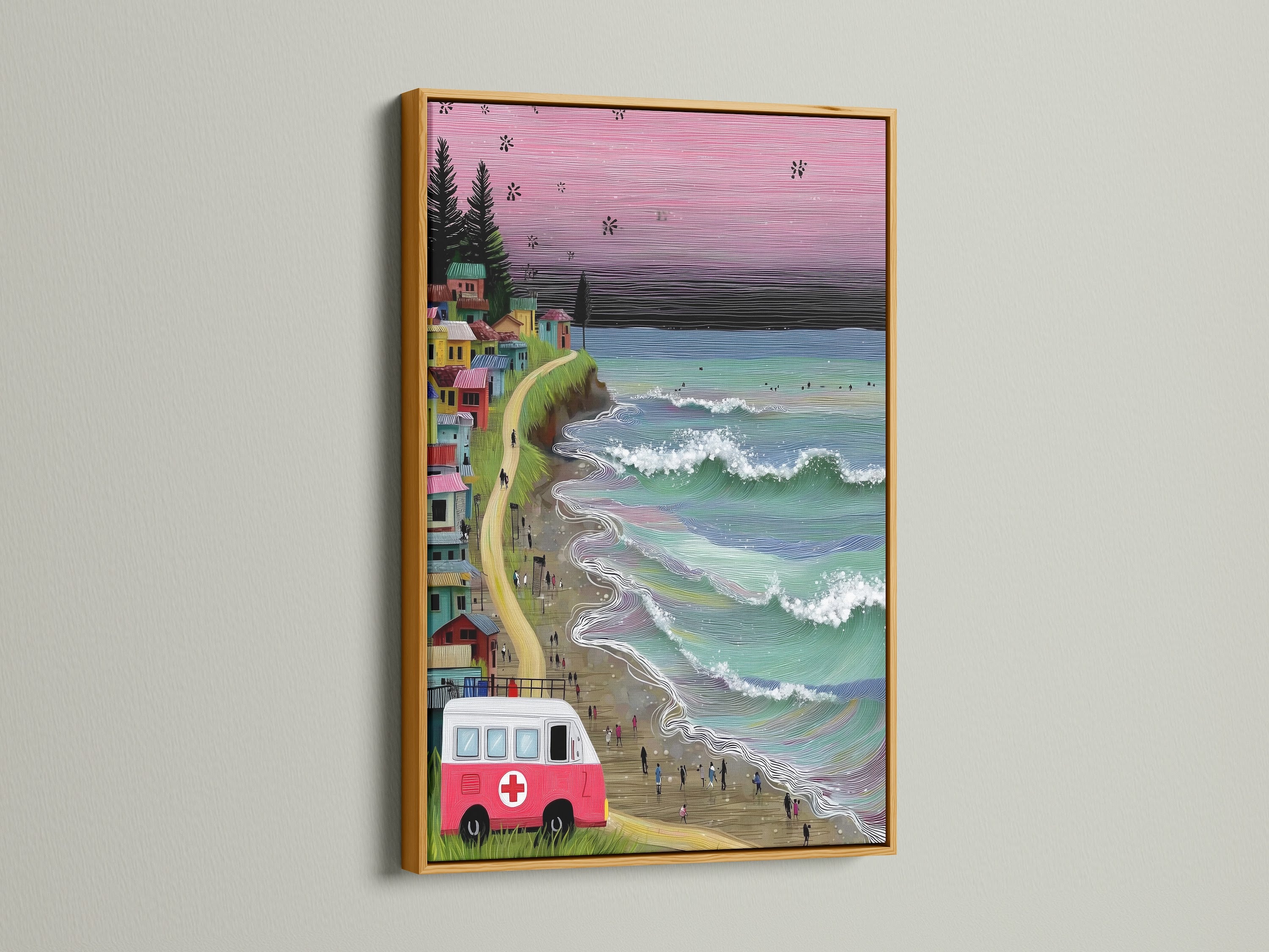 Coastal village art print presented in a gold frame. This vintage van beach wall art captures a whimsical seaside scene. The gold frame adds a touch of elegance. The artwork features calming ocean waves. Ideal for coastal home decor and beach house art.