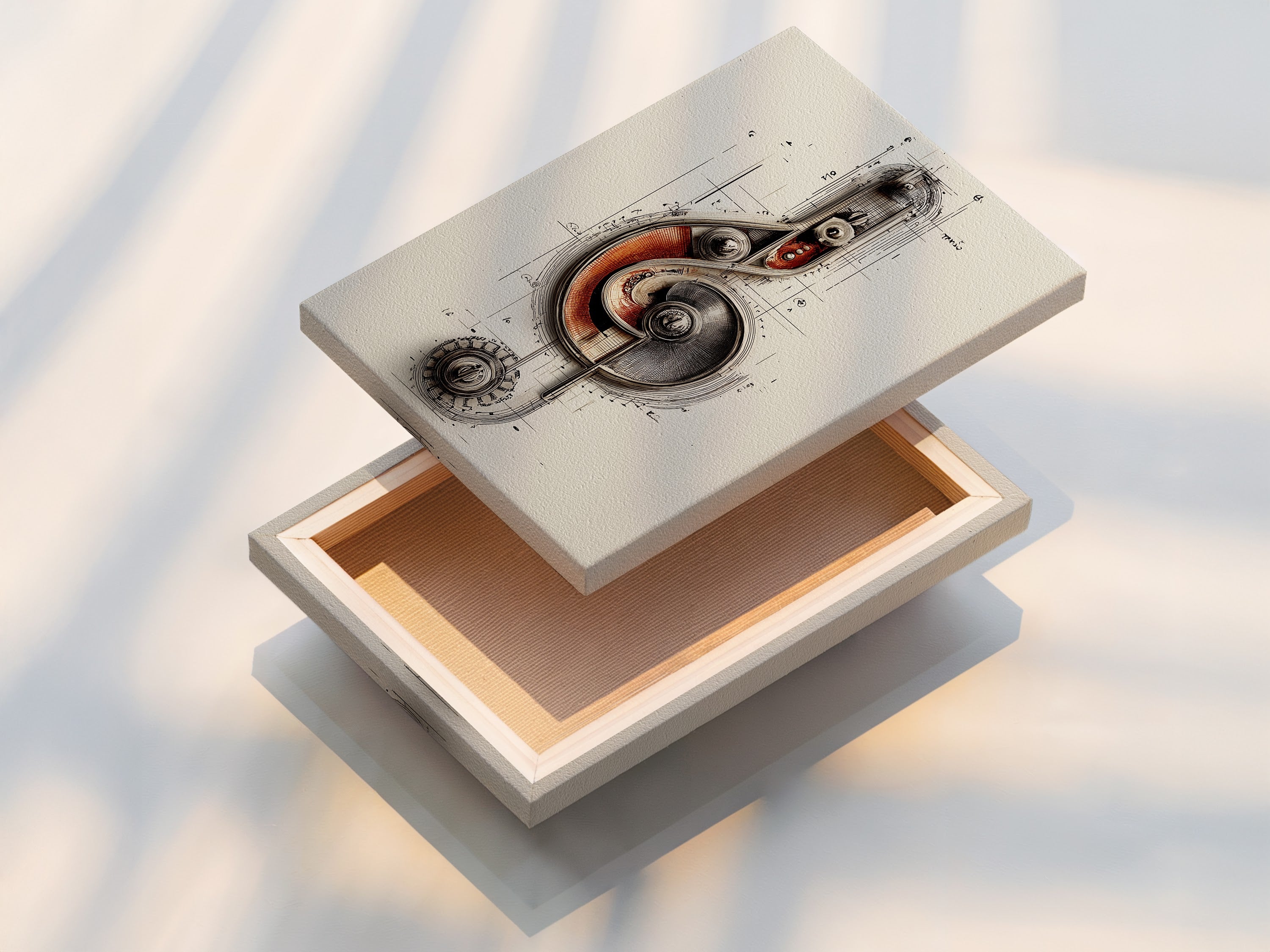 The stretched canvas print showcases the steampunk music note artwork. The mechanical gears and treble clef are prominently displayed. This industrial wall art is a perfect addition to music studios. It is a vintage drawing suitable for any space.