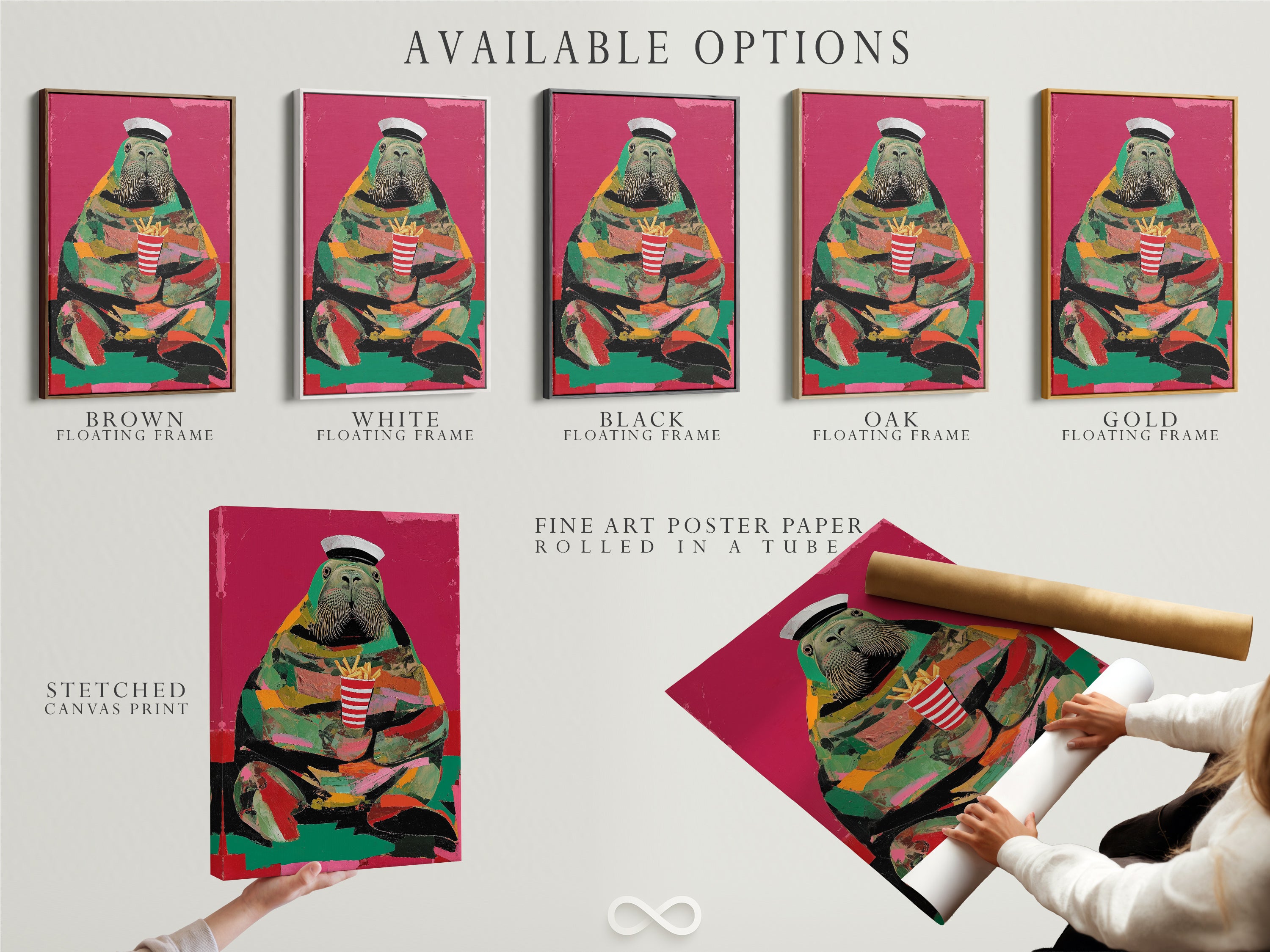 Available options for the walrus art print. Choose from a stretched canvas print fine art poster paper or floating frame. Perfect for homeowners and cafe managers. Find the perfect artwork today.