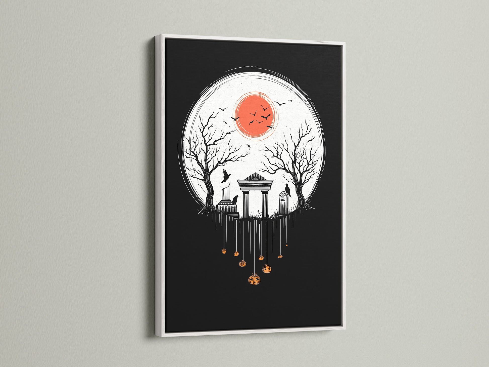 The Halloween Night canvas print is showcased in a white frame. The print adds a bright contrast to the gothic artwork. It is ideal for fall season decor and brings a creepy touch. It is a great gift for Halloween.