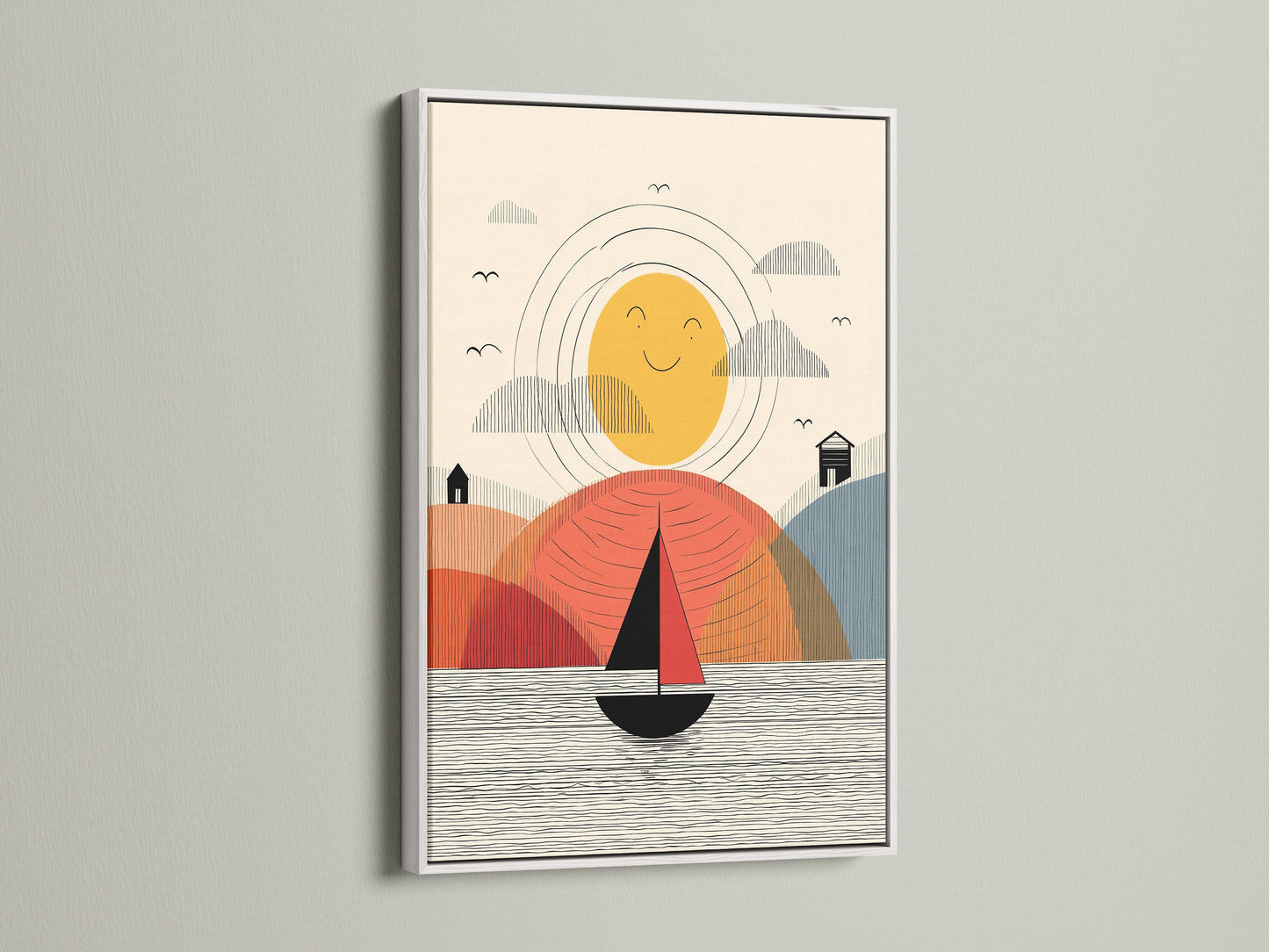 Abstract Sailboat Artwork in White Frame. This nautical wall art adds a clean touch to any room. The white frame complements the modern artwork. It's great for nurseries or beach houses. This is fine art.