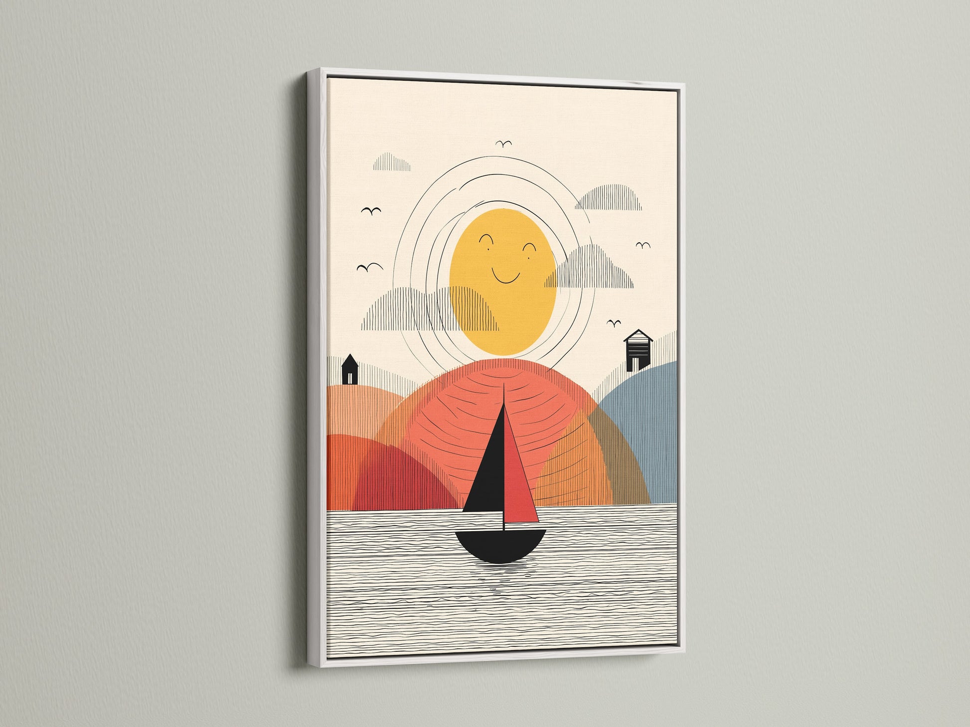 Abstract Sailboat Artwork in White Frame. This nautical wall art adds a clean touch to any room. The white frame complements the modern artwork. It's great for nurseries or beach houses. This is fine art.