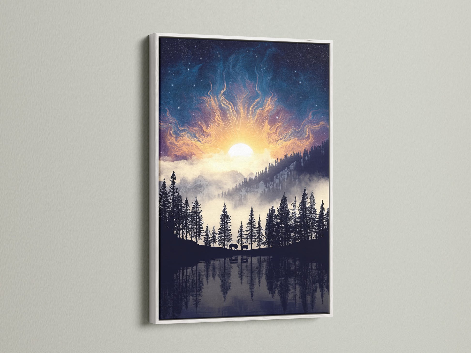 Mountain Lake artwork with a white frame displays nature's beauty. The nature print features a tranquil lake and celestial sky. This modern nature artwork complements any room. This forest canvas offers a serene bedroom decor option.