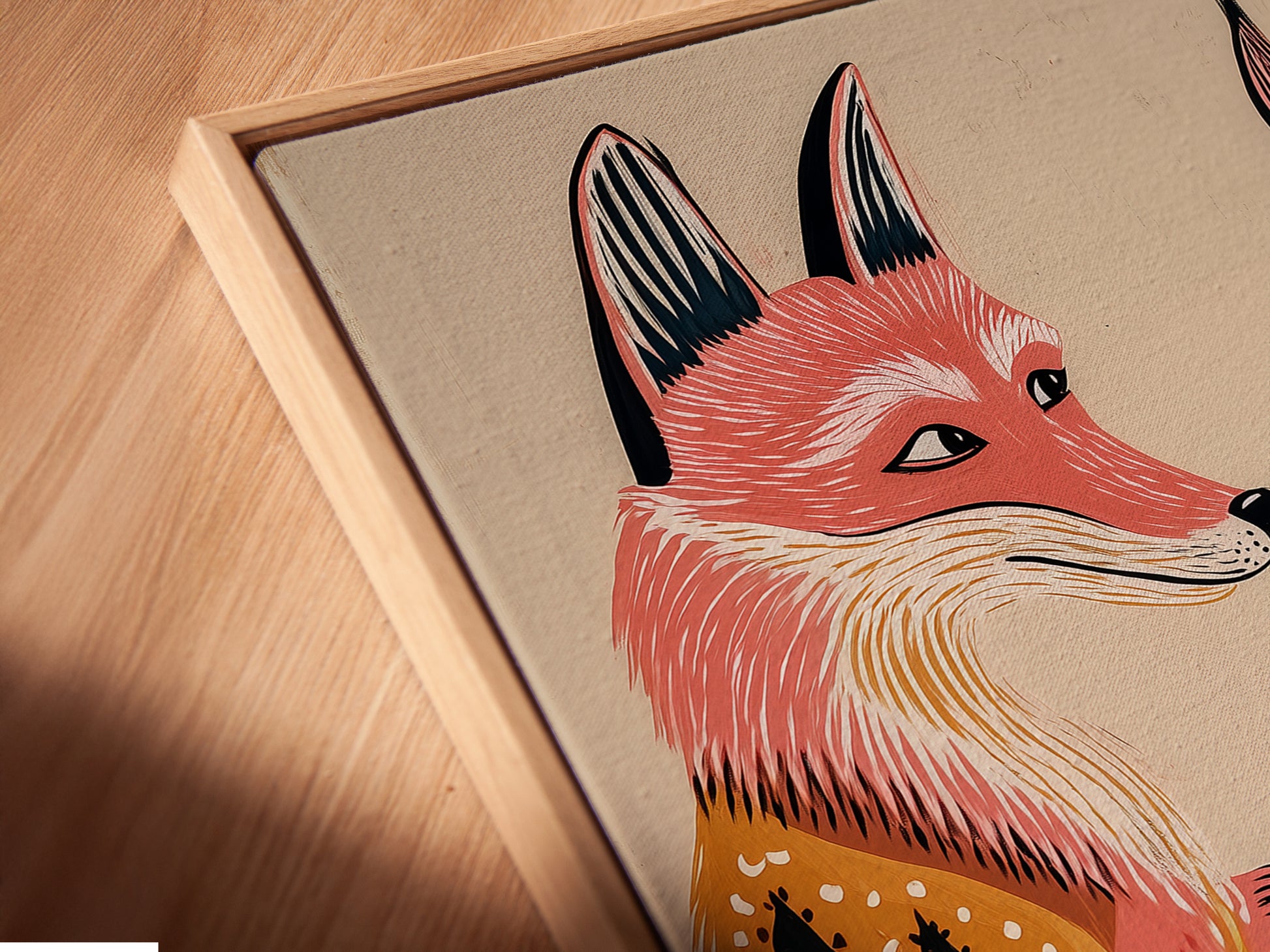 A close-up angled view of the canvas print in a floating frame. The fox chess game artwork is highlighted. This modern framing style enhances the artwork's visual appeal. It adds depth to your wall decor.