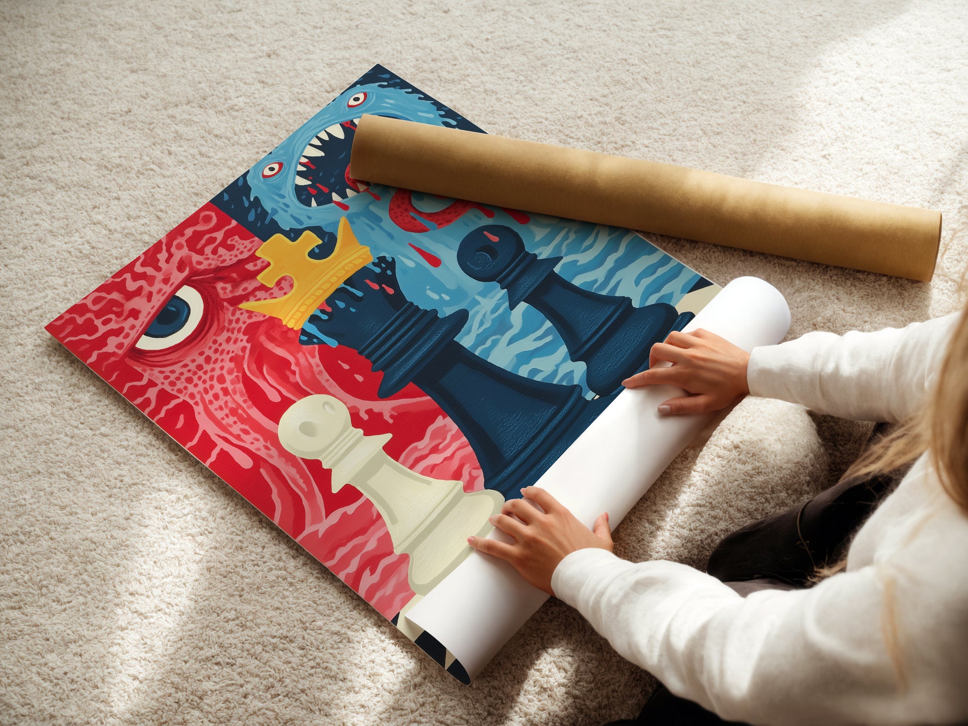 A woman carefully rolls a fine art poster paper print. She is handling a monster game wall art piece. This high-quality chess artwork is ready to be framed. Perfect for a geeky art collection or game room decor.