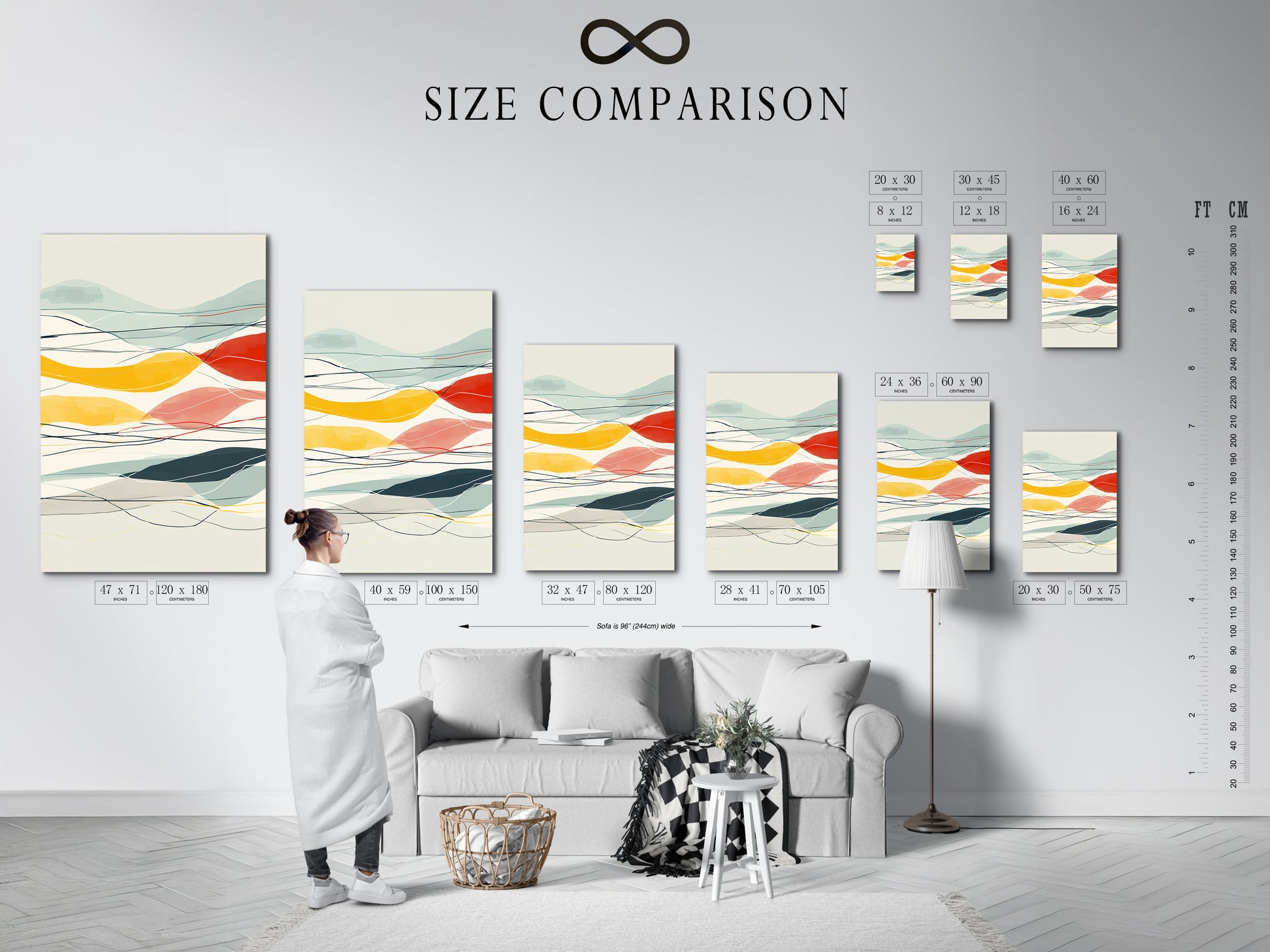 Size comparison chart of the Abstract Mountain artwork in an interior setting. It features a colorful landscape. This modern geometric artwork is perfect for office decor. It will enhance any living room or bedroom. This artwork will complement minimalist aesthetics.