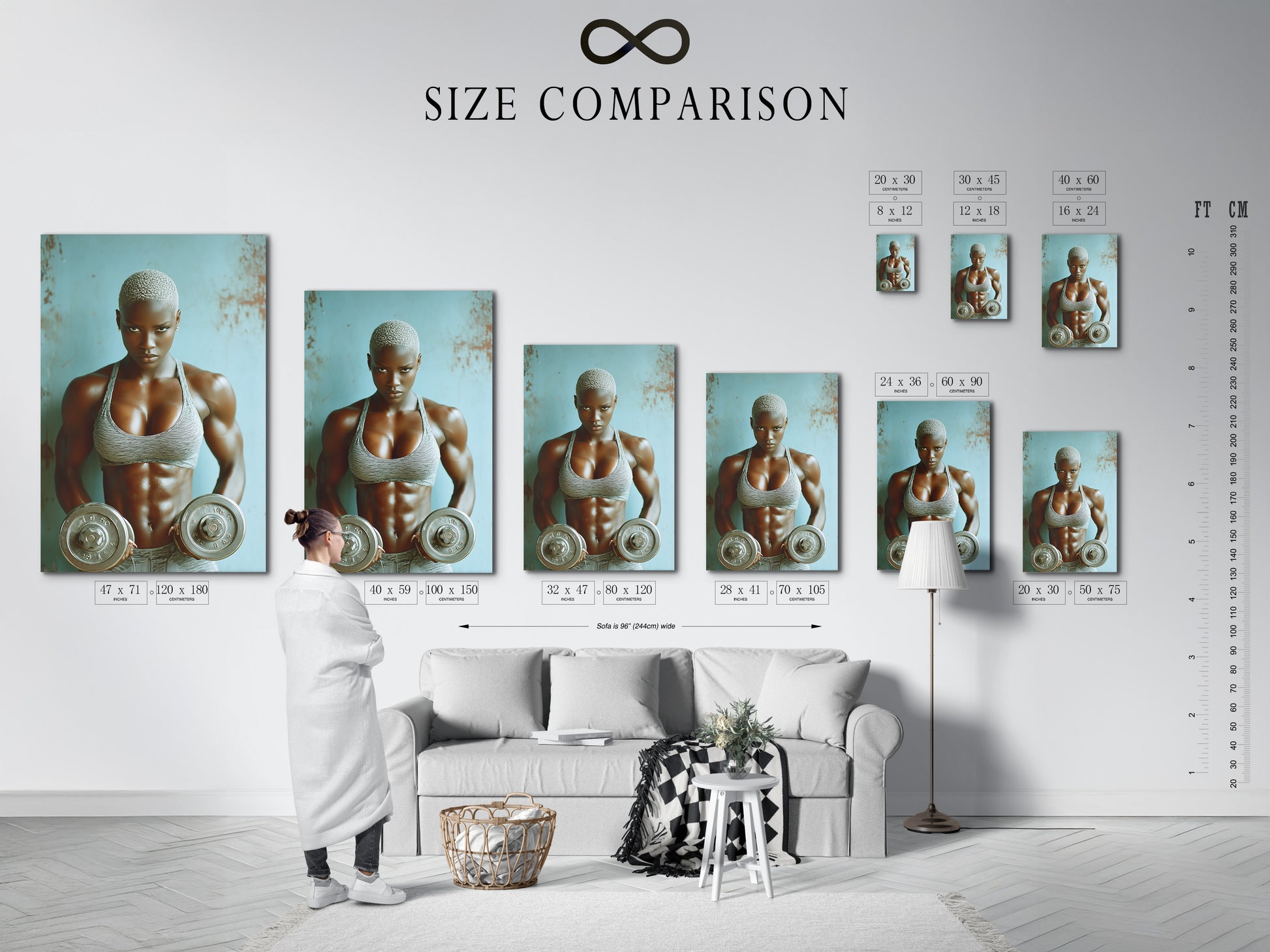 Size comparison chart in an interior setting. This strong woman fitness art can bring gym motivation. Perfect as wall decor for a home gym or workout room. It is weightlifting art with a contemporary style and grey and blue colors.