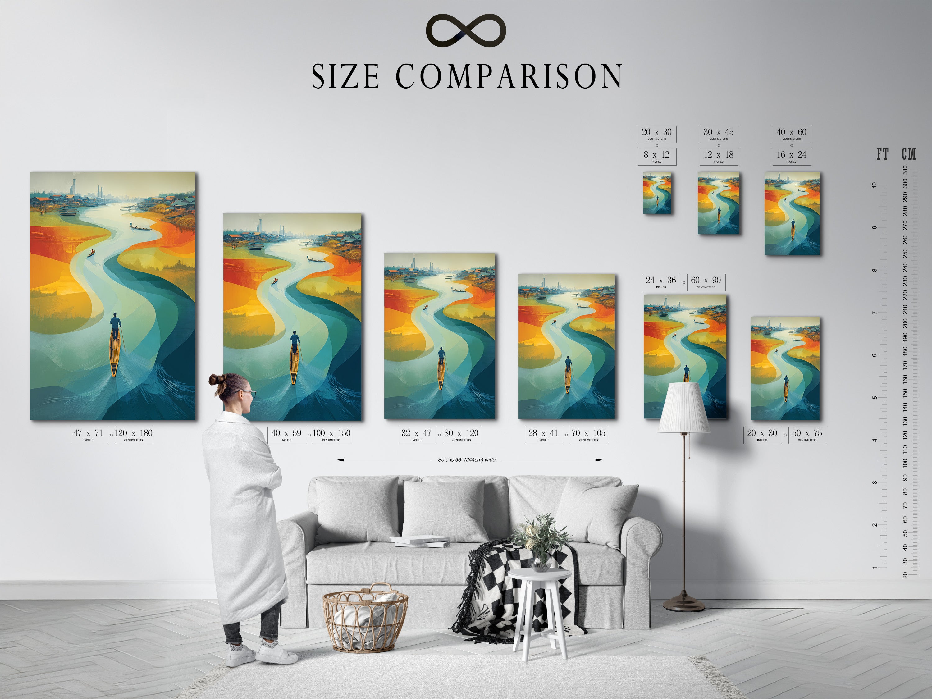View a size comparison chart in an interior setting. This helps you visualize artwork dimensions. Choose the perfect size for your space. See how art fits in a room. This ensures a perfect fit for your needs.