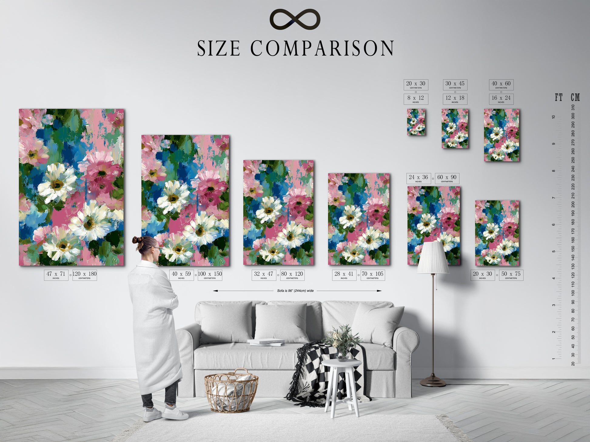 A size comparison chart displayed in an interior setting. See how the floral canvas print would look in various dimensions. The pink and blue flower wall art will enhance your space. Impressionist botanical artwork is perfect for any room. Ideal for helping you visualize your art. This daisy art print adds a spring touch. Abstract flowers bring garden charm indoors.