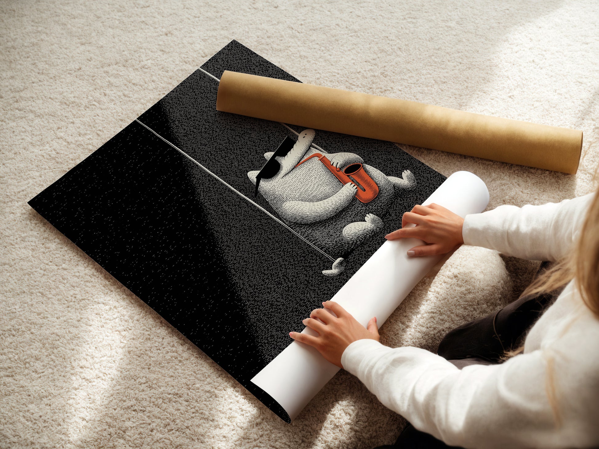 A woman carefully rolls a fine art poster paper. The paper features a cartoon alligator playing a saxophone. Our fine art posters are printed on high-quality paper. Perfect for crisp and vibrant artwork.