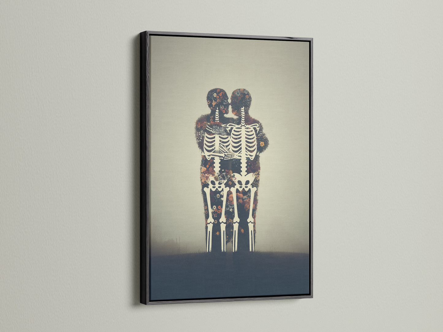 A black frame surrounds the Floral Skeleton canvas print. This bone canvas is ideal for adding a gothic element. It is a perfect piece of anatomy artwork. Use this dark academia decor today.