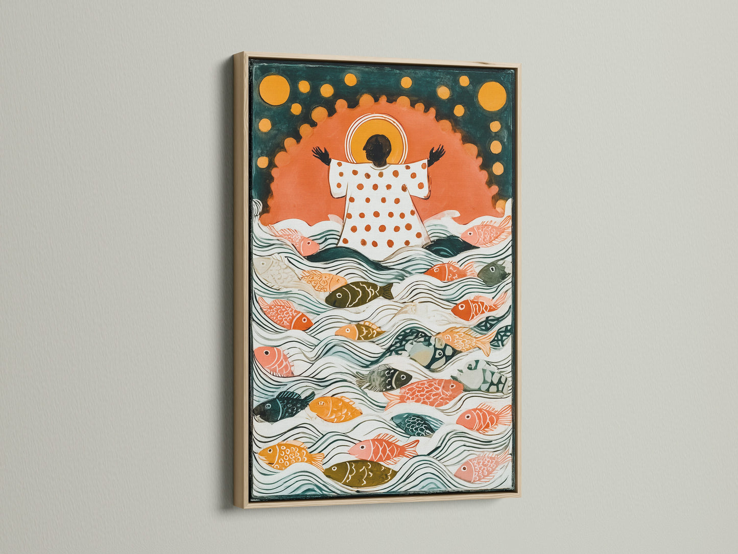 This artwork is displayed in an oak frame. The oak frame offers a natural and warm aesthetic. It complements a variety of art styles. Consider an oak frame for a timeless look. Enhance your interior with framed art.