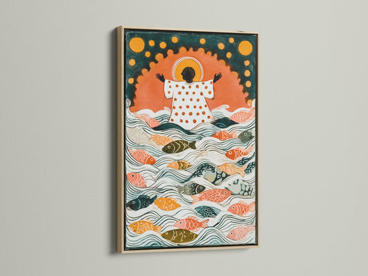 This artwork is displayed in an oak frame. The oak frame offers a natural and warm aesthetic. It complements a variety of art styles. Consider an oak frame for a timeless look. Enhance your interior with framed art.