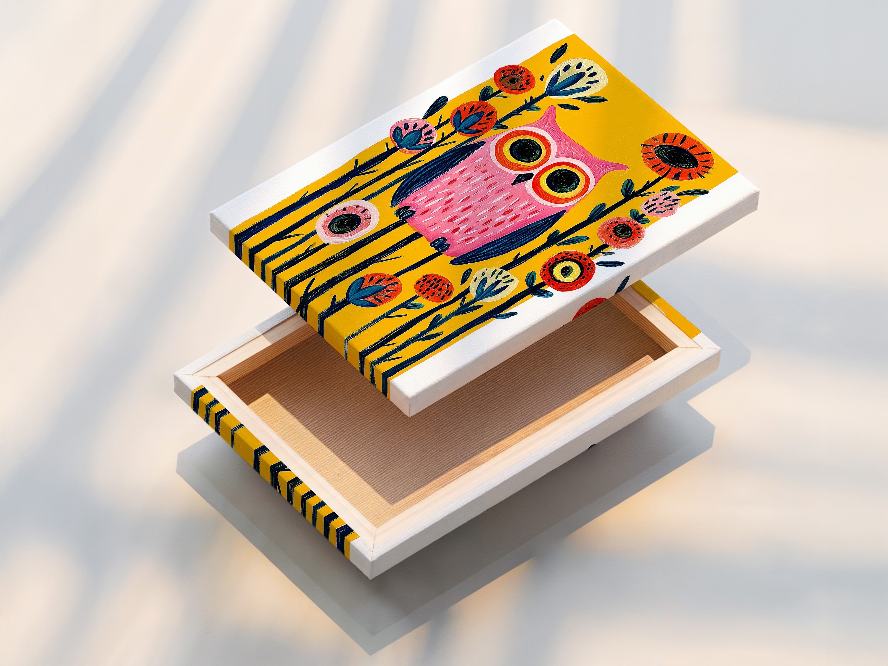 Stretched canvas print of a Colorful Owl. This folk art print features a whimsical bird artwork. Perfect for a kids bedroom or nursery decor. Add a touch of charm to your space with this contemporary artwork. The primary color is pink and the secondary color is yellow. Ideal for homeowners and parents.