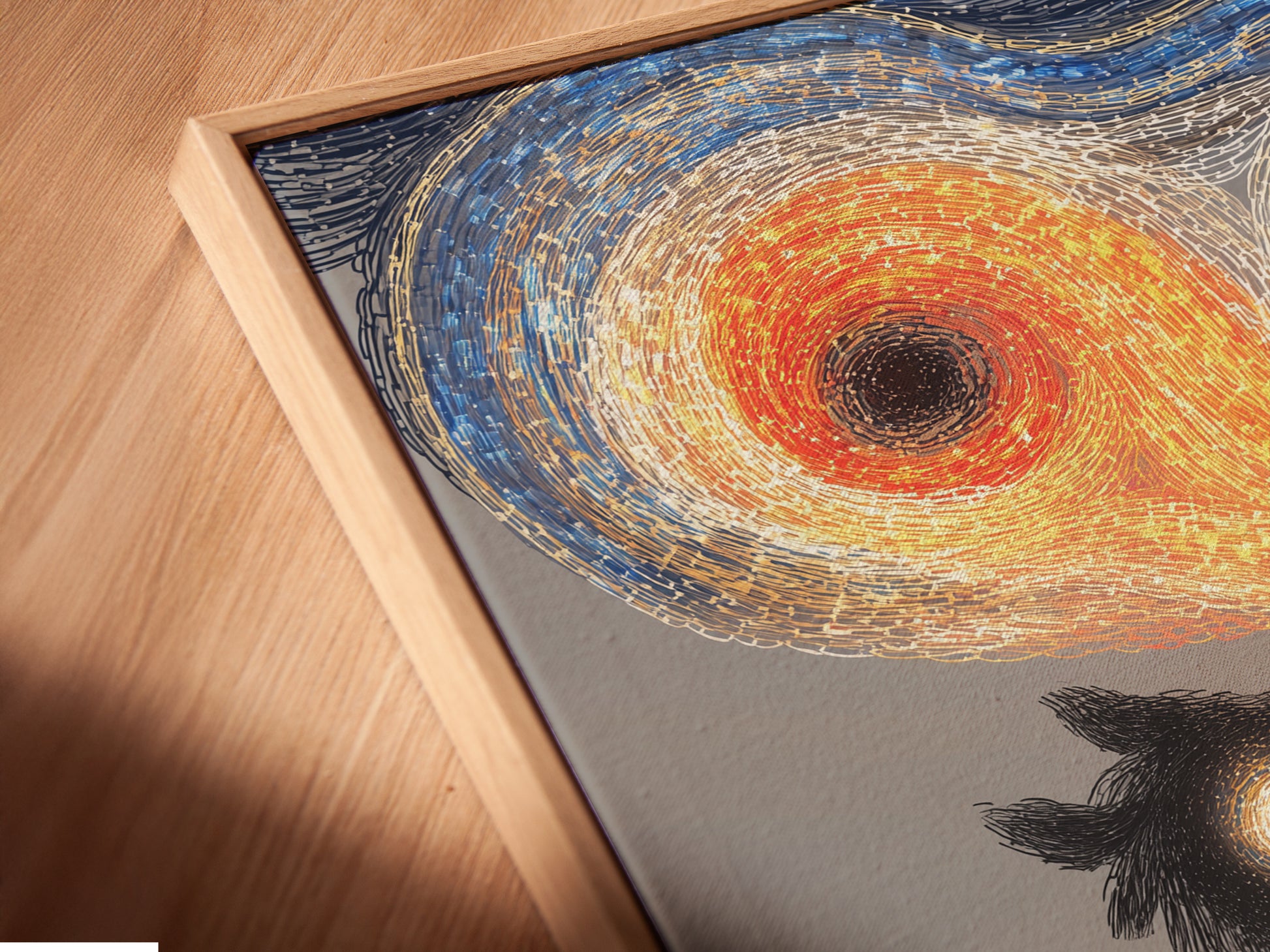 This is a close-up of a canvas print in a floating frame. The artwork features surreal sheep and a red farmhouse. It is a great piece for farmhouse decor. It adds a quirky touch to any room. This storybook art brings a dreamlike quality. It's ideal for unique wall art lovers.